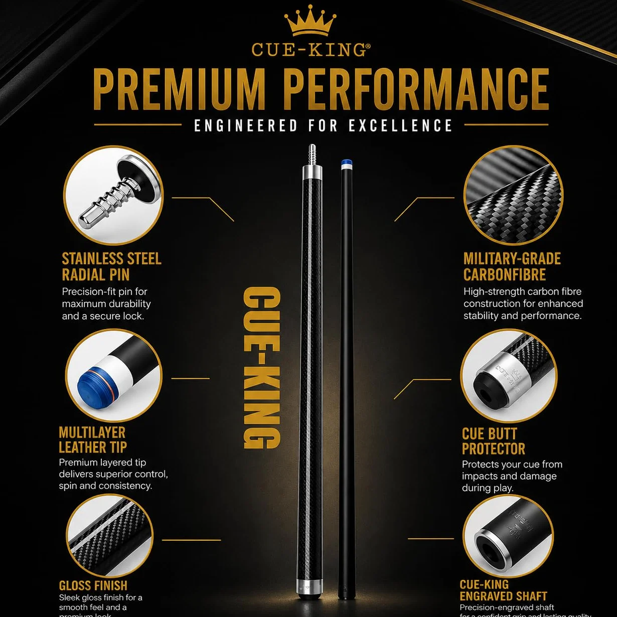 Cue-King Pro Series Stecca da biliardo in carbonio 147,3 cm 510,3 g 2 pezzi punta 12,5 mm