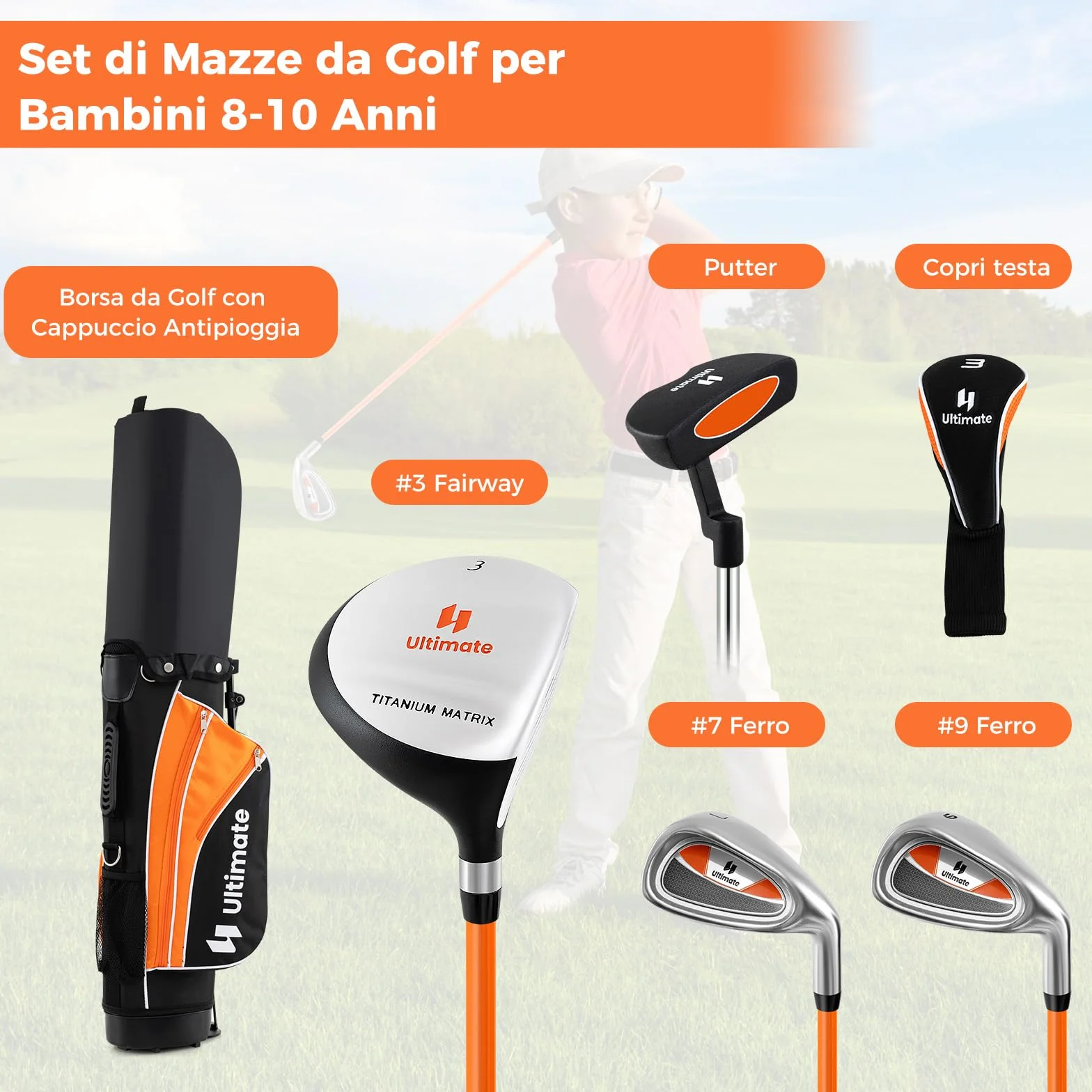 COSTWAY Set Completo Mazze da Golf Bambini Destrimano Fairway 3 Ferri 7 9 Putter Borsa Portatile