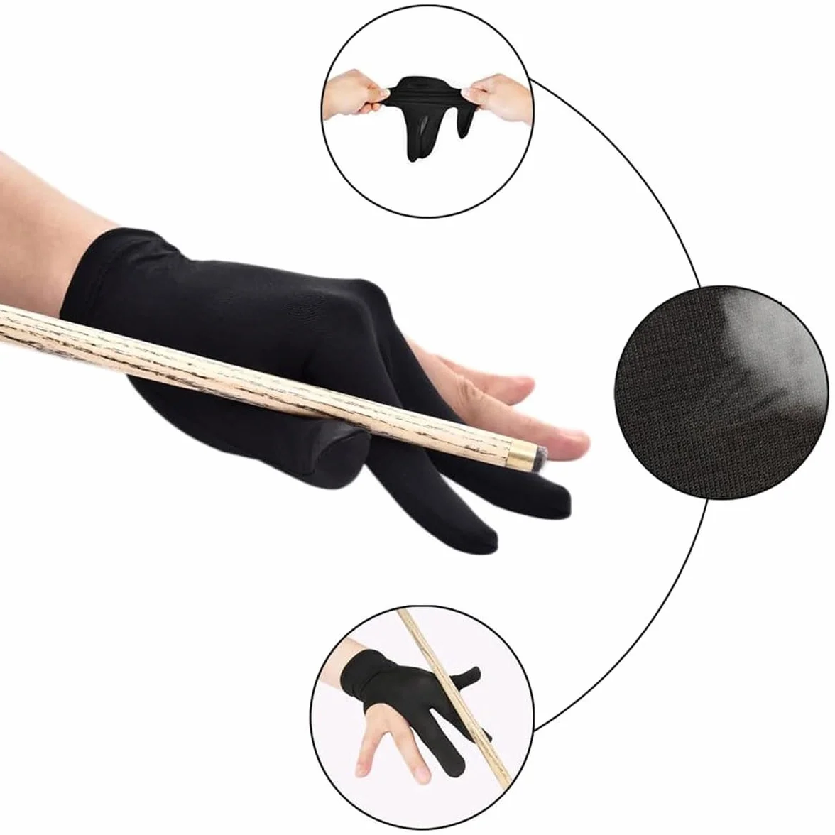 Guanti da biliardo a tre dita estensibili Nero Rete traspirante nylon 8 Pcs