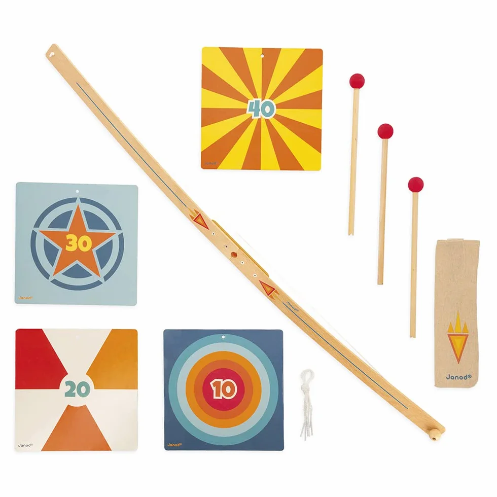 Janod Set Tiro con l'Arco in Legno con 3 Frecce Faretra e 4 Bersagli Gioco all'Aperto
