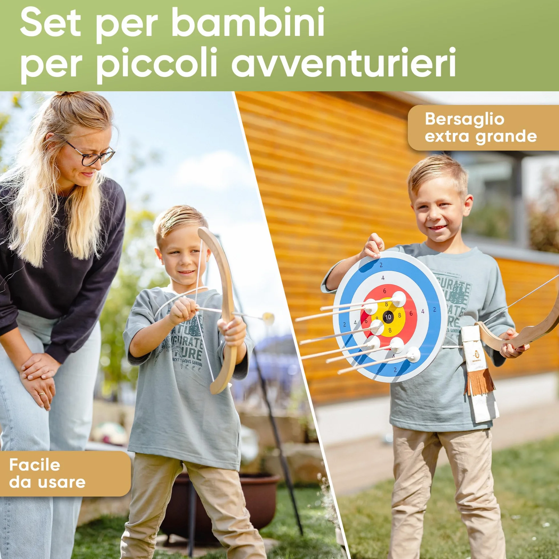 BOWRILLA® Set di Arco e Freccia per Bambini in Legno con 6 Frecce con Ventosa, Bersaglio e Faretra