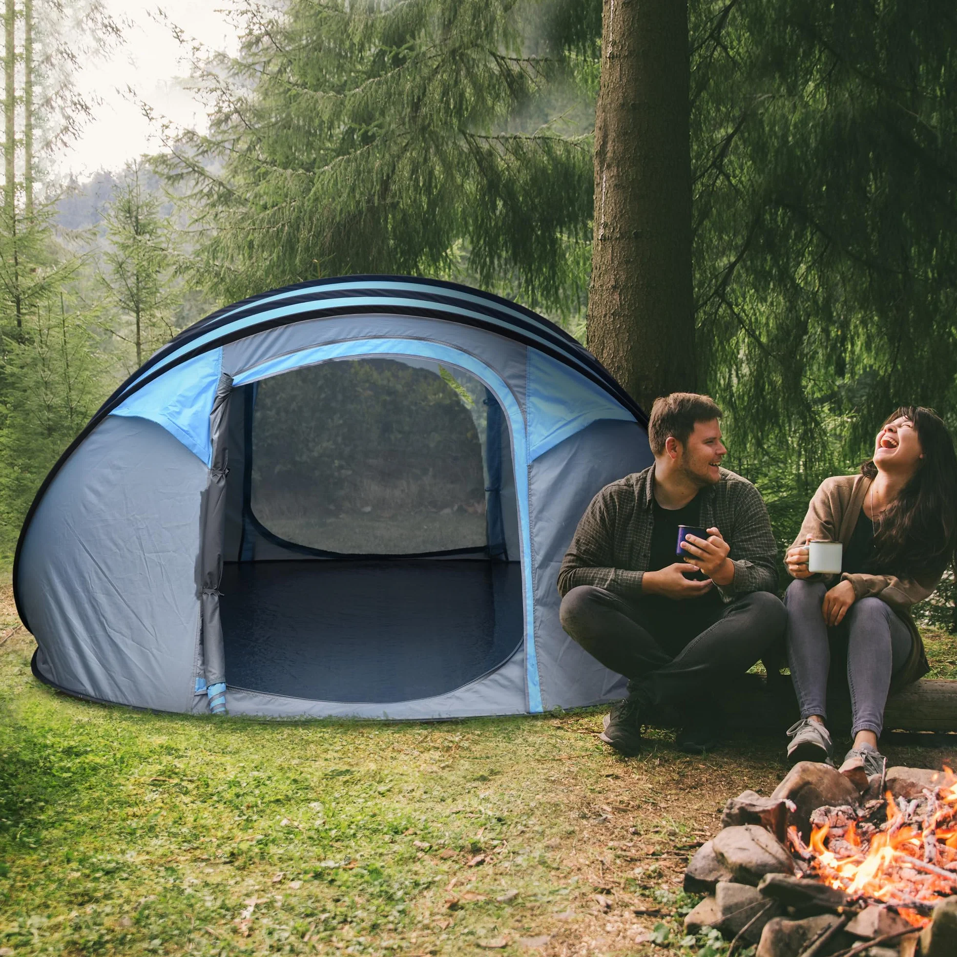 Outsunny Tenda da Campeggio Pop Up 4 Persone 2000mm Anti UV 20+ 263.5x220x123 cm Blu