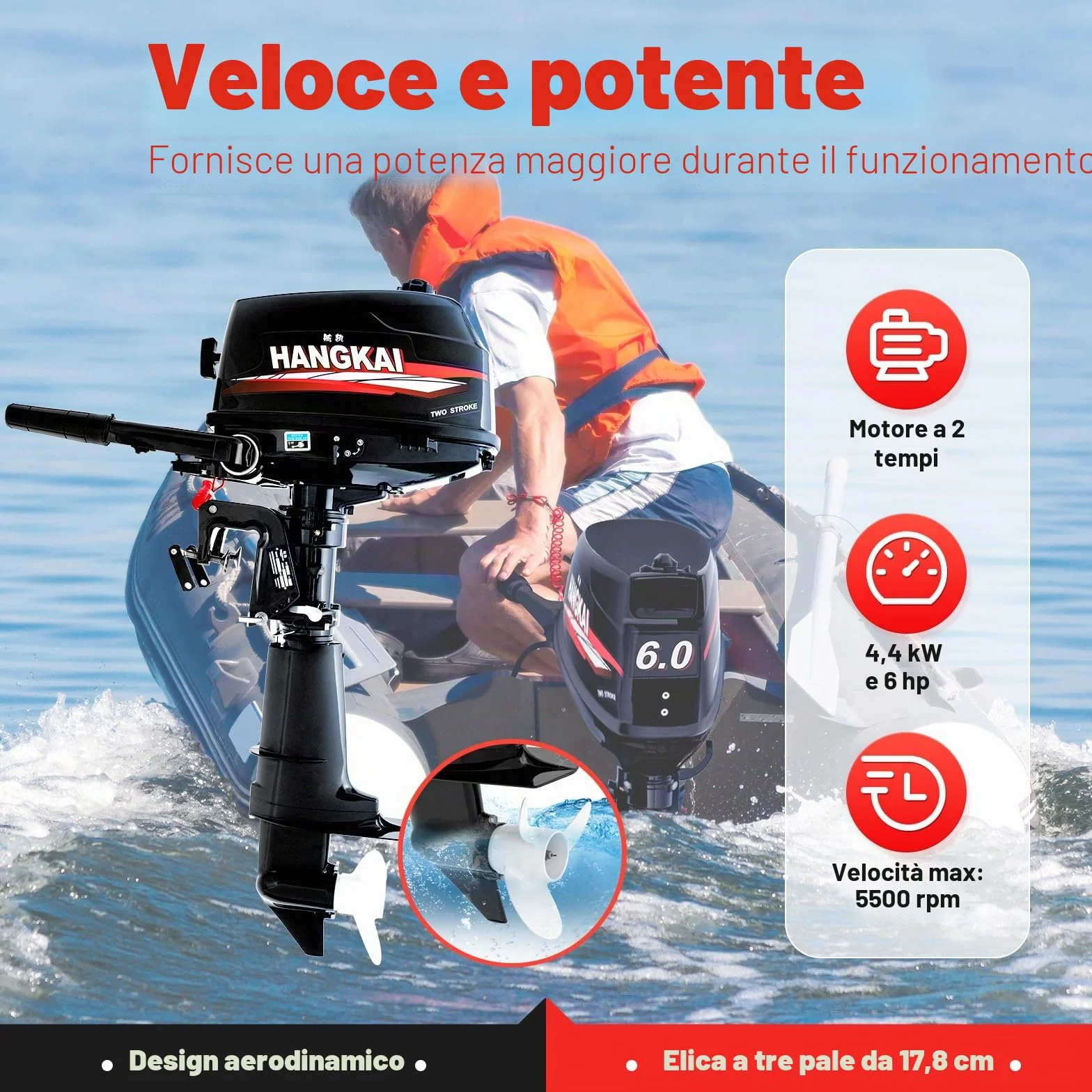 Difu Motore a benzina fuoribordo 6 CV 2 tempi 102 cc 4,4 kW asta corta CDI manuale