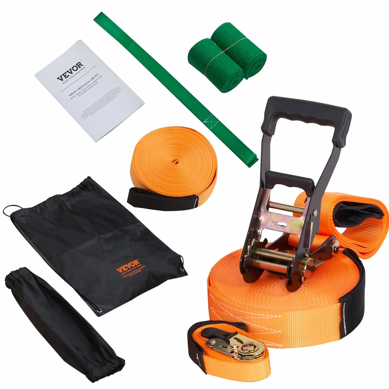 VEVOR Kit Slackline con Linea di Allenamento 18,3m x 5cm, Attrezzatura da Giardino, Set con Protezioni per Alberi