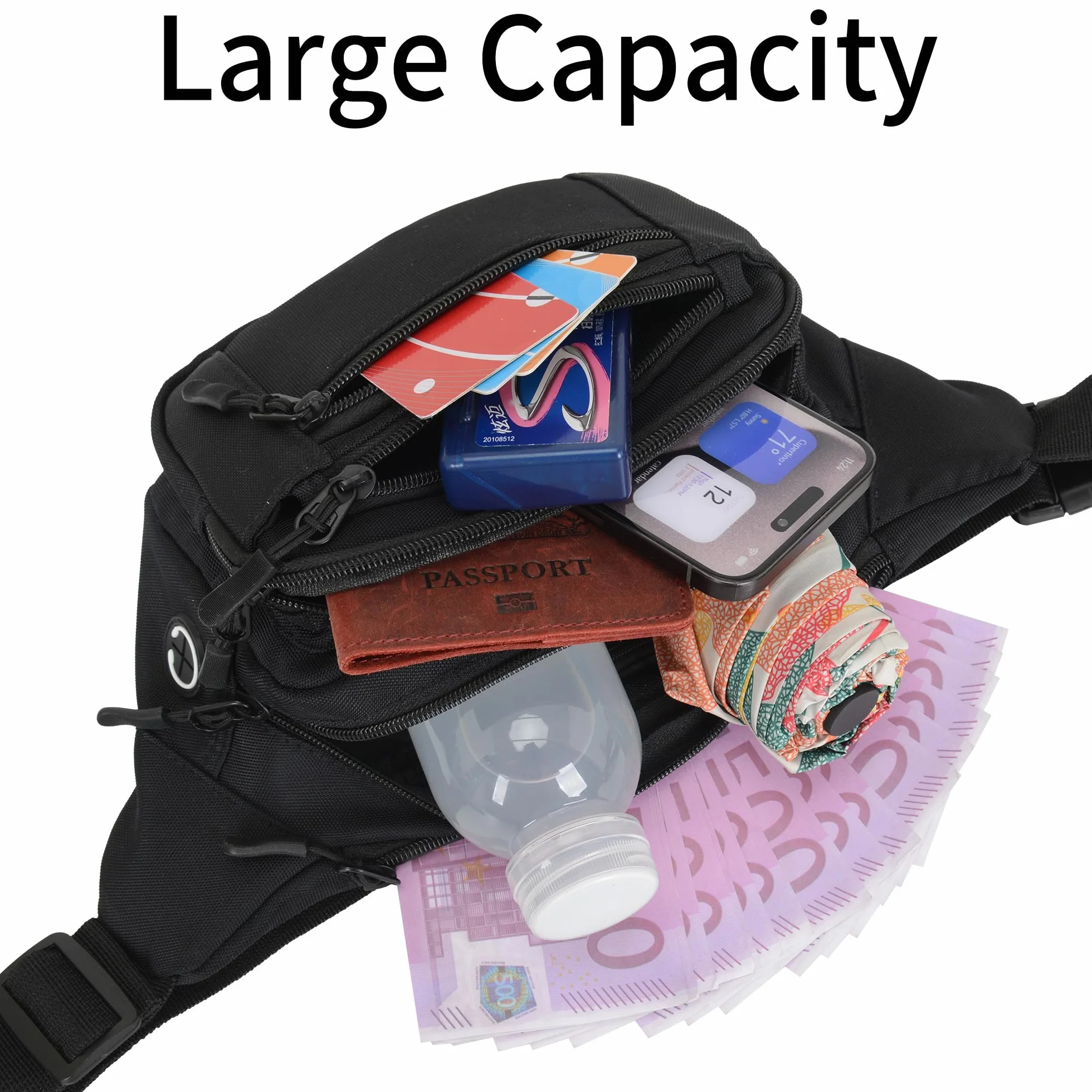 Marsupio Uomo Donna Sportivo Impermeabile Cintura Regolabile 30 cm 6 Tasche Cerniera Outdoor Passeggiate Escursionismo Trekking Ciclismo Viaggio
