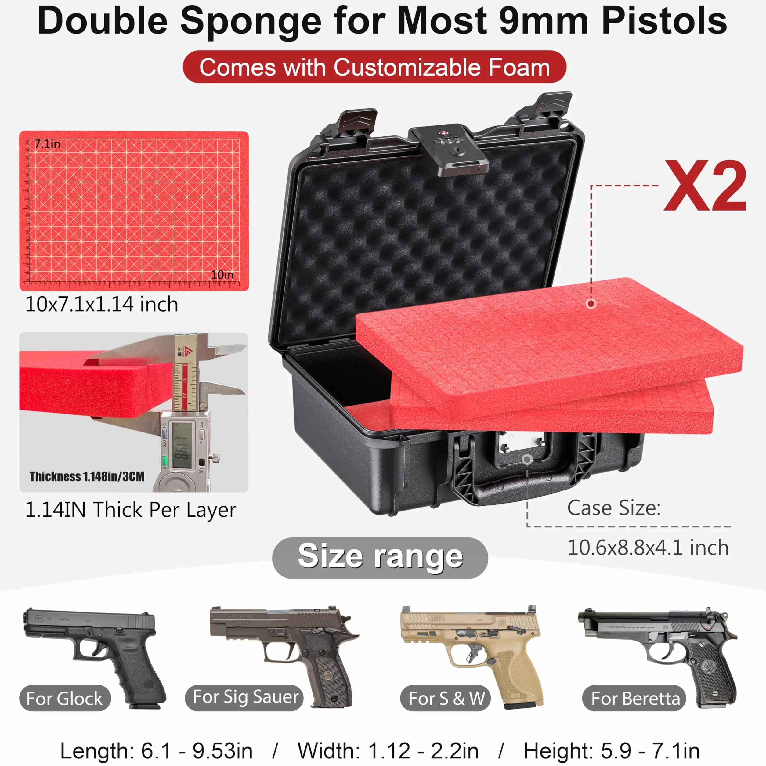 Kinghardcase Custodia Rigida Impermeabile Antiurto per Pistola, TSA Combinazione Bloccabile, 10.6 x 8.8 x 4 pollici