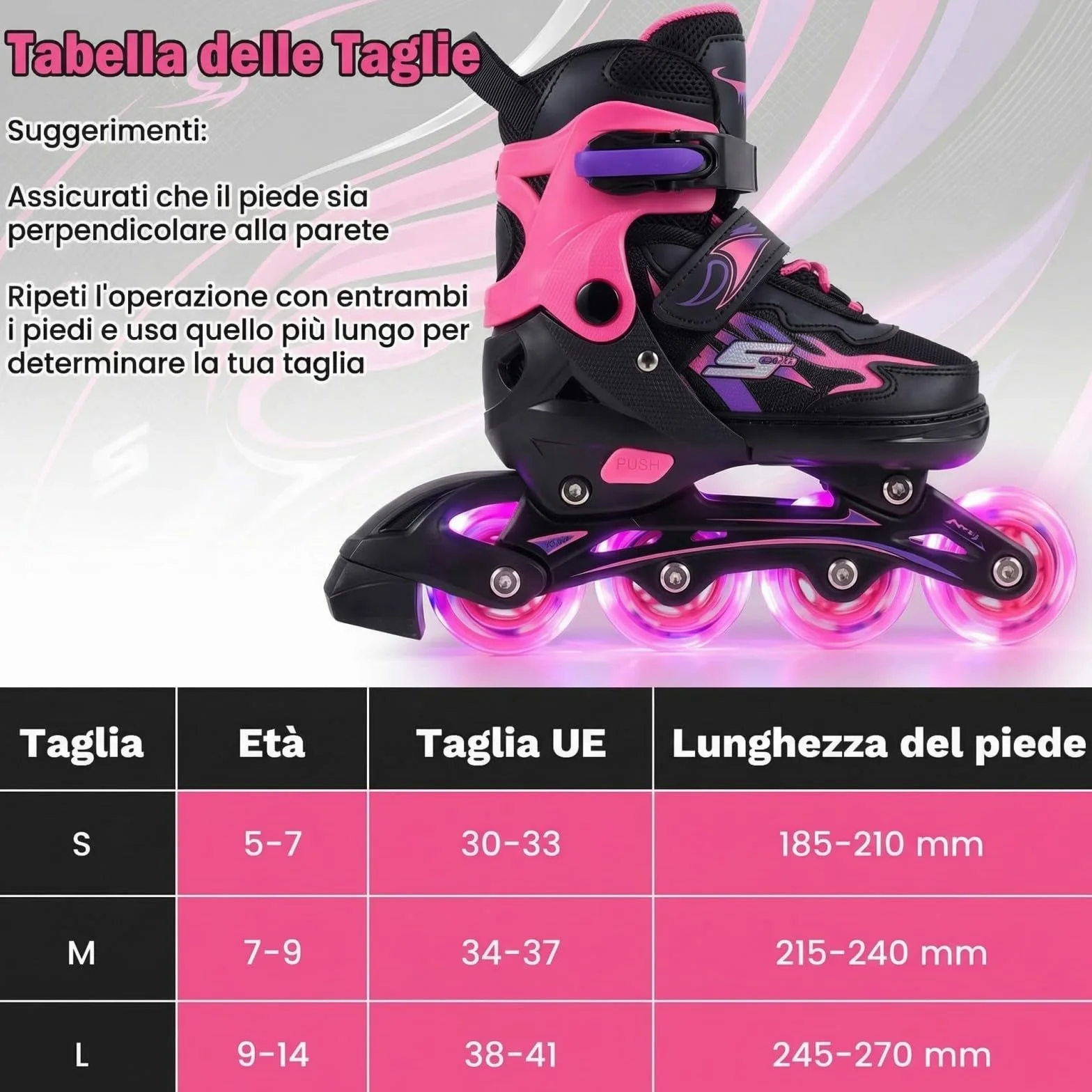 COSTWAY Pattini in Linea a 4 Ruote per Bambini Regolabili 4 Taglie con Luci e Protezione 5-14 Anni