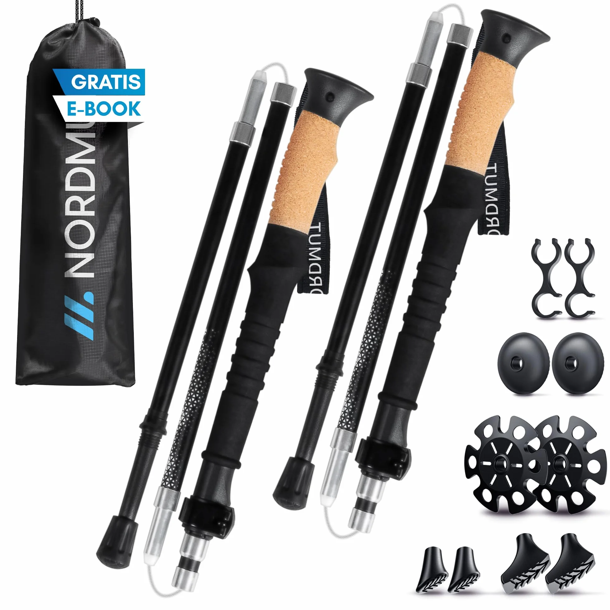 Nordmut Bastoncini da Trekking Pieghevoli in Alluminio o Carbonio Ultra-leggeri 1,50m 1,65m Impugnature Ergonomiche