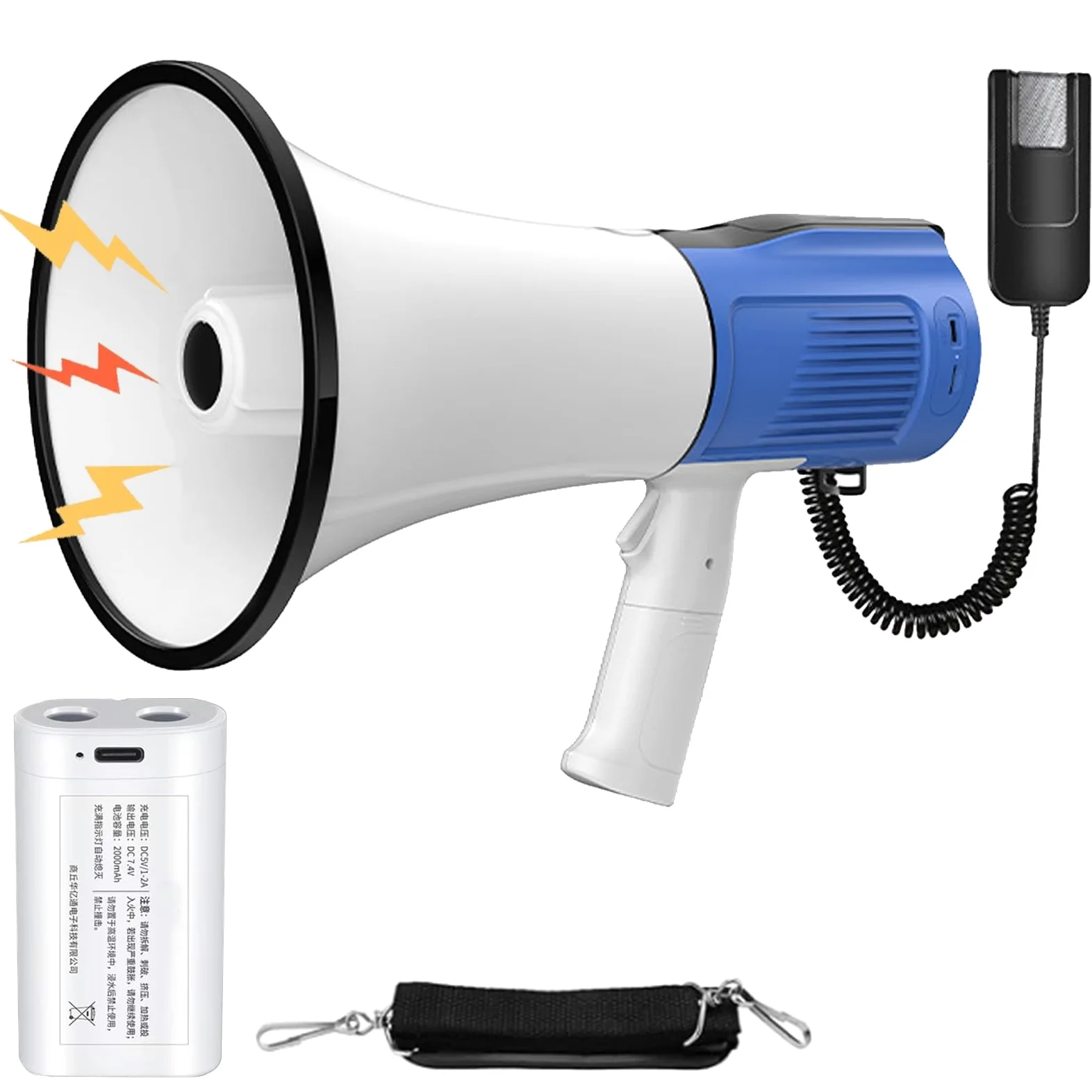 Megafono da 120W, Megafono Portatilecon con Microfono, Funzione Sirena e Registrazione, Controllo Volume Regolabile, Portata Fino a 2000M per Eventi Sportivi, attività all'aperto