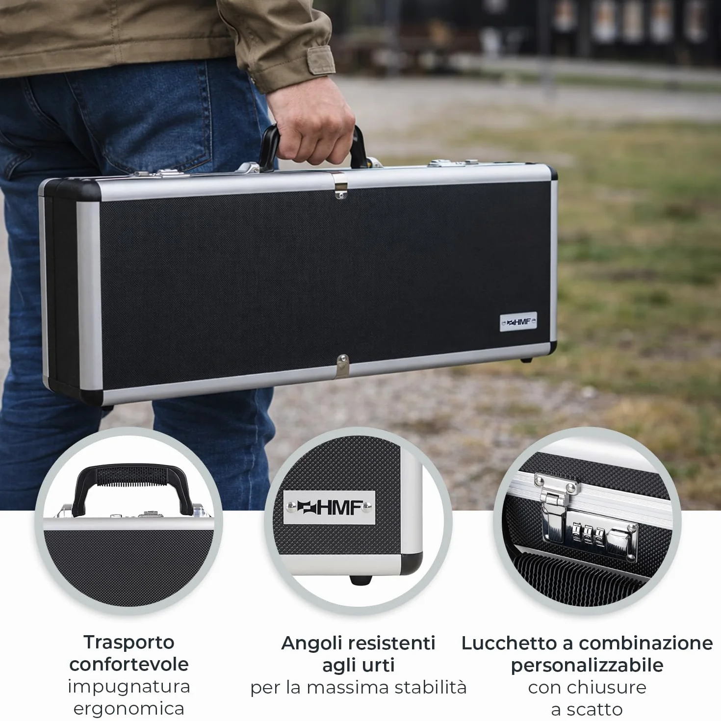 HMF 14433-02 Valise en aluminium pour armes à feu avec serrure à combinaison | 62 x 26 x 12 cm | Noir