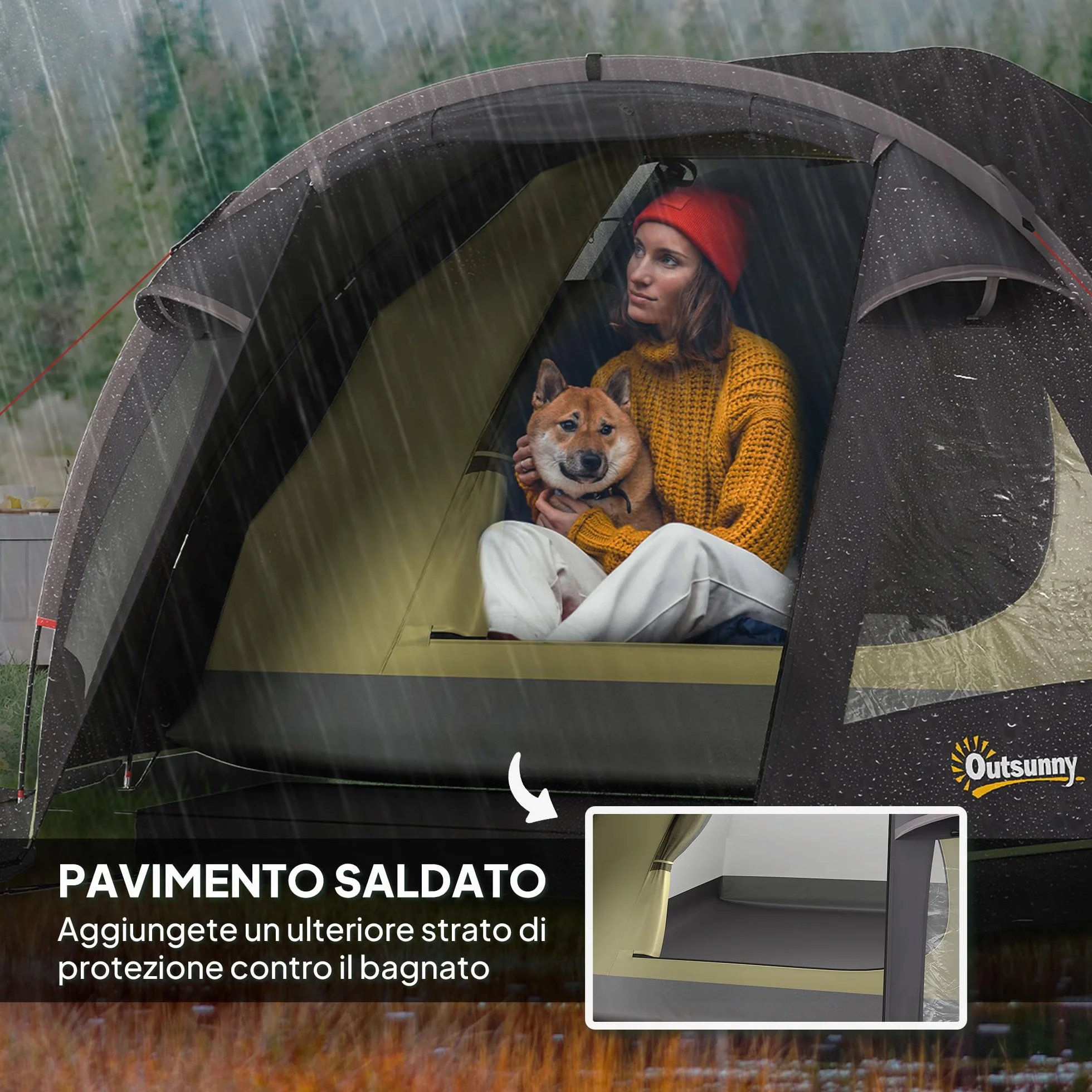 Outsunny Tenda da Campeggio a Tunnel per 2 Persone 2 Stanze Impermeabile 3000mm 330x190x120 cm Nero