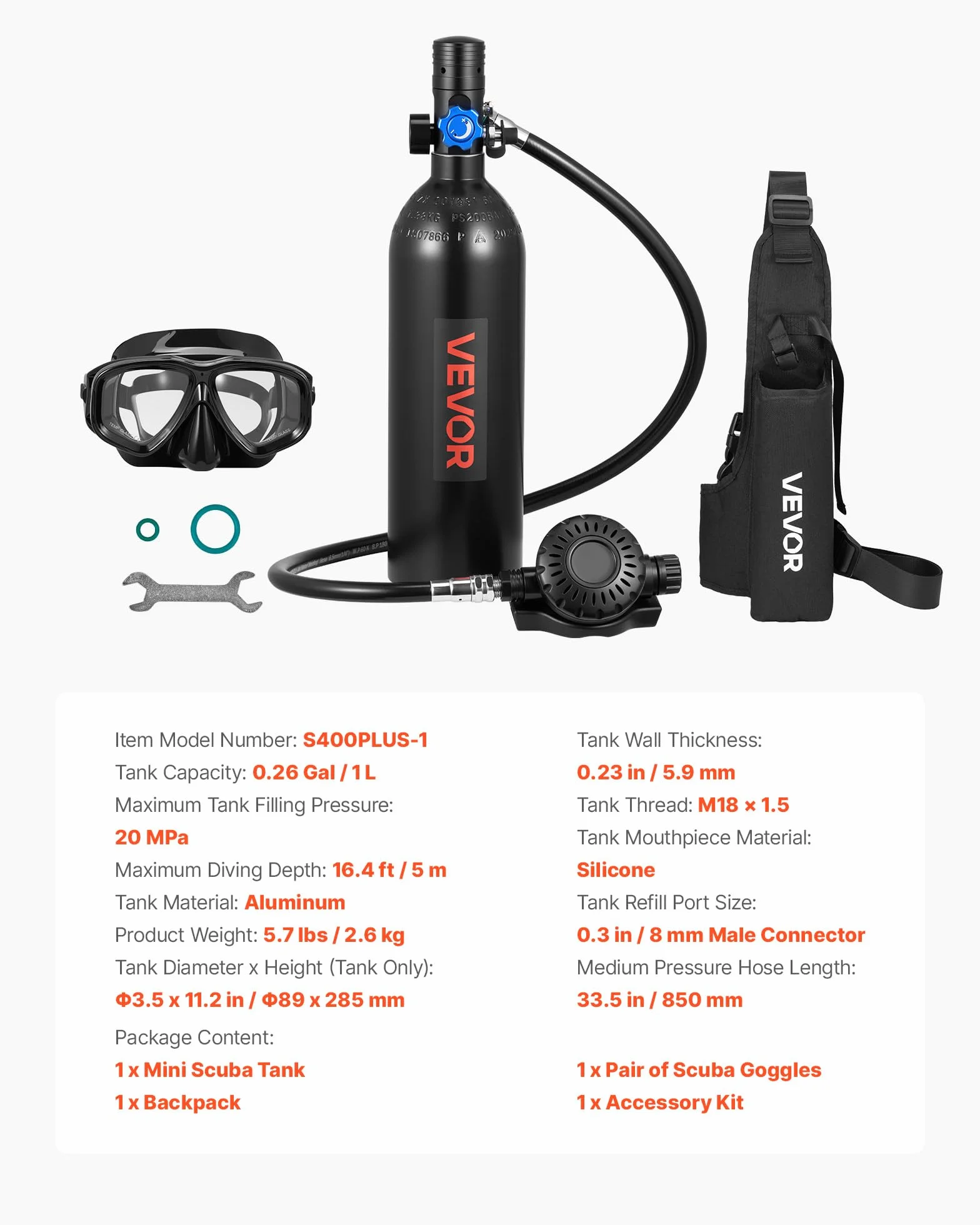 VEVOR Mini Bombola Subacquea Portatile 1L Aria Compressa con Borsa e Maschera, Autonomia 20 Minuti