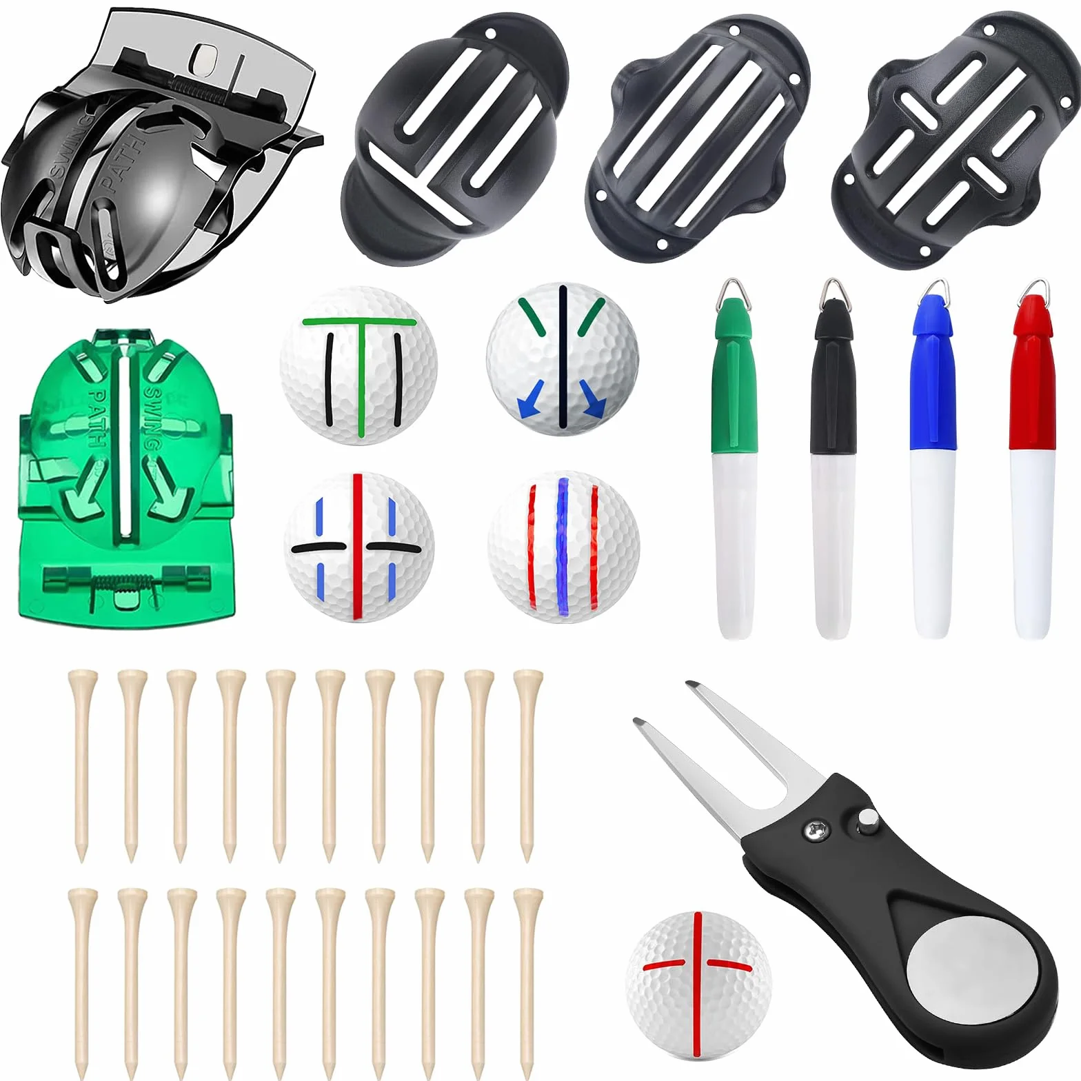 Kit di marcatori per Palline da Golf da 9 Pezzi, 5 Strumenti per marcare e 4 marcatori Colorati, per Riparare zolle, Tee e identificare