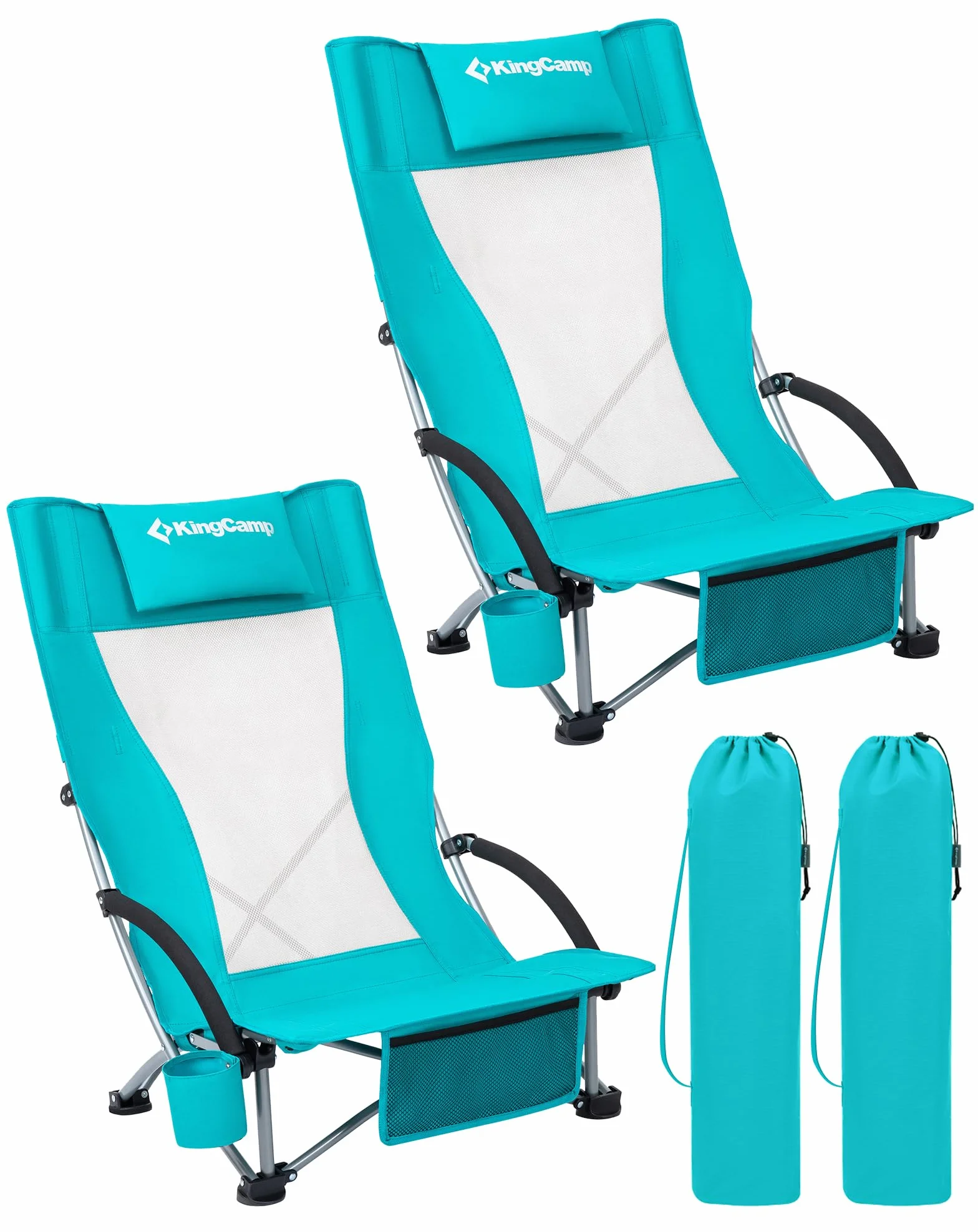 KingCamp Set di 2 Sedie da Spiaggia Pieghevoli Portata 180kg Cuscino Imbottibile Ciano
