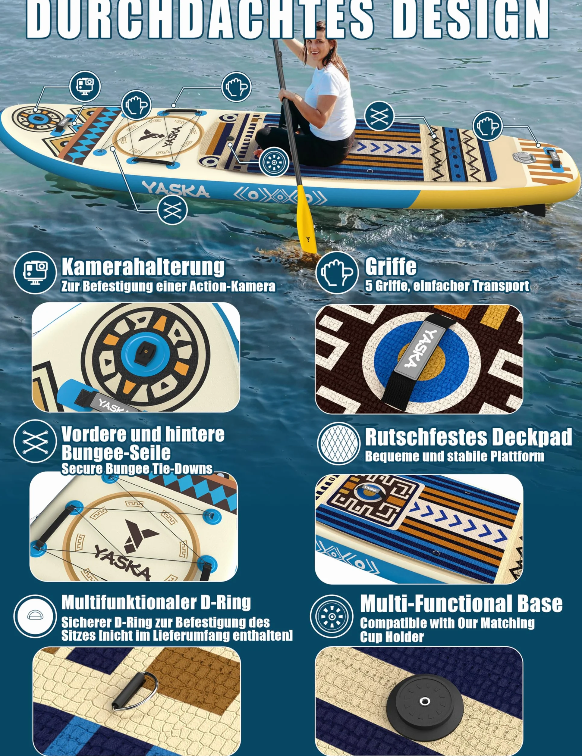 Yaska SUP Gonfiabile Adulti con Tutti gli Accessori e Portabicchiere,335cm Stand up Paddle Gonfiabile per Tutti i Livelli di Abilità,Paddle Board con Capacità di 200kg per 2 Persone