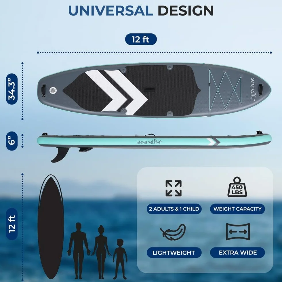 SereneLife SUP Gonfiabile XL, Tavola Sup Extra Larga per Adulti, Stand Up Paddle Board per Bambini e Animali, Deck Antiscivolo, Design Stabile e Leggero, Accessori Premium, Capacità 200 kg