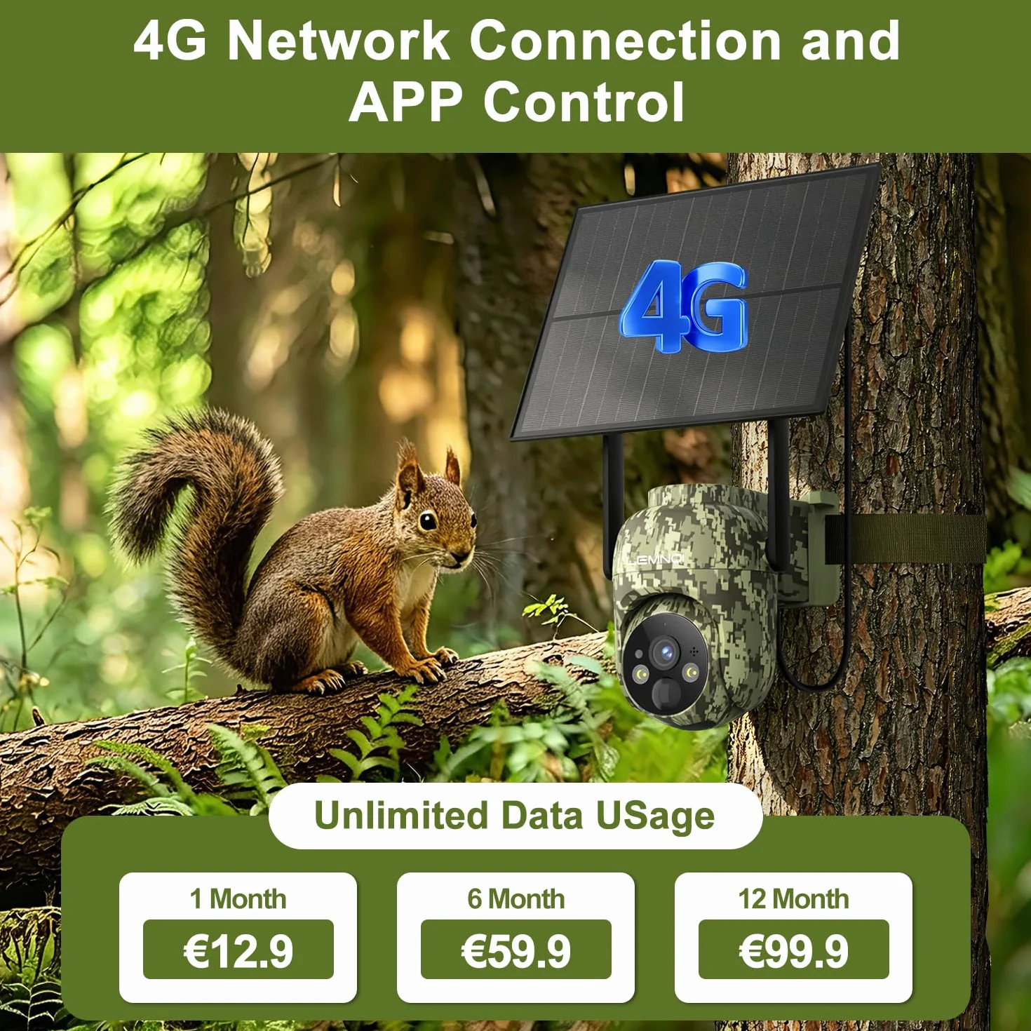 LEMNOI Fototrappola 4G con SIM Inclusa, 2K Fotocamera da Caccia, Telecamera Solare PTZ, Visione Notturna a Colori, IP66 Impermeabile