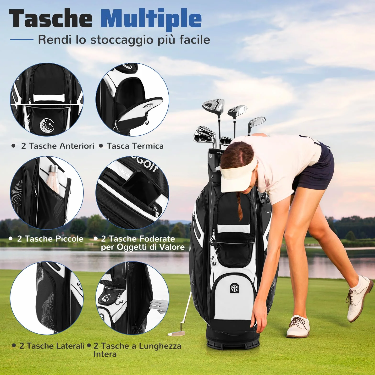 COSTWAY Borsa Carrello da Golf 14 Vie 11 Tasche Sacca Isolante Tracolla Imbottita Cappuccio Antipioggia
