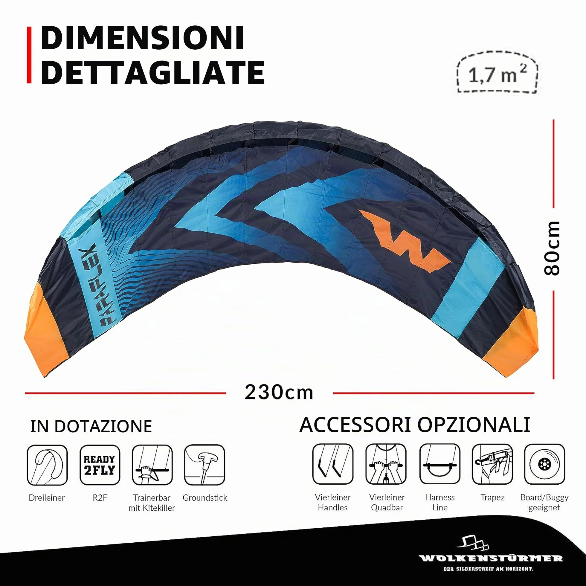 Wolkenstürmer Paraflex Trainer Tappetino per lo sterzo 3 l 2.3 turchese Aquilone 230 cm con barra di allenamento Kite Windtrainer