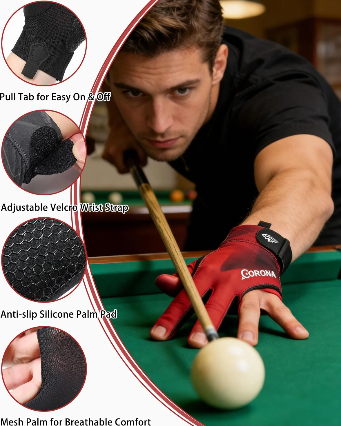 Guanto da biliardo sinistro antiscivolo 3 dita per tiro e allenamento Nero Rosso