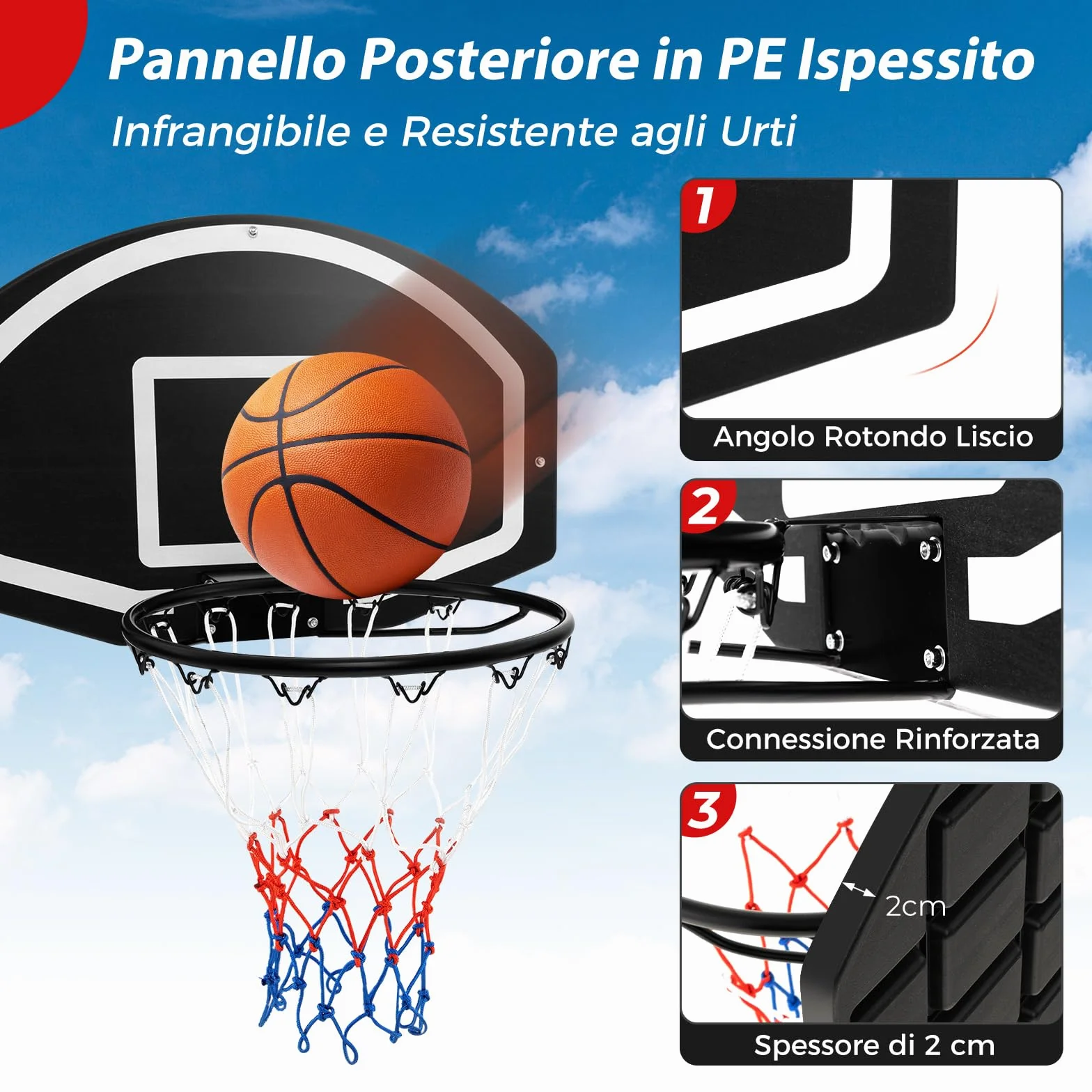 COSTWAY Tabellone Basket da Muro per Bambini e Adulti, Canestro da Parete 72x45,5 cm con Rete Anti-vento