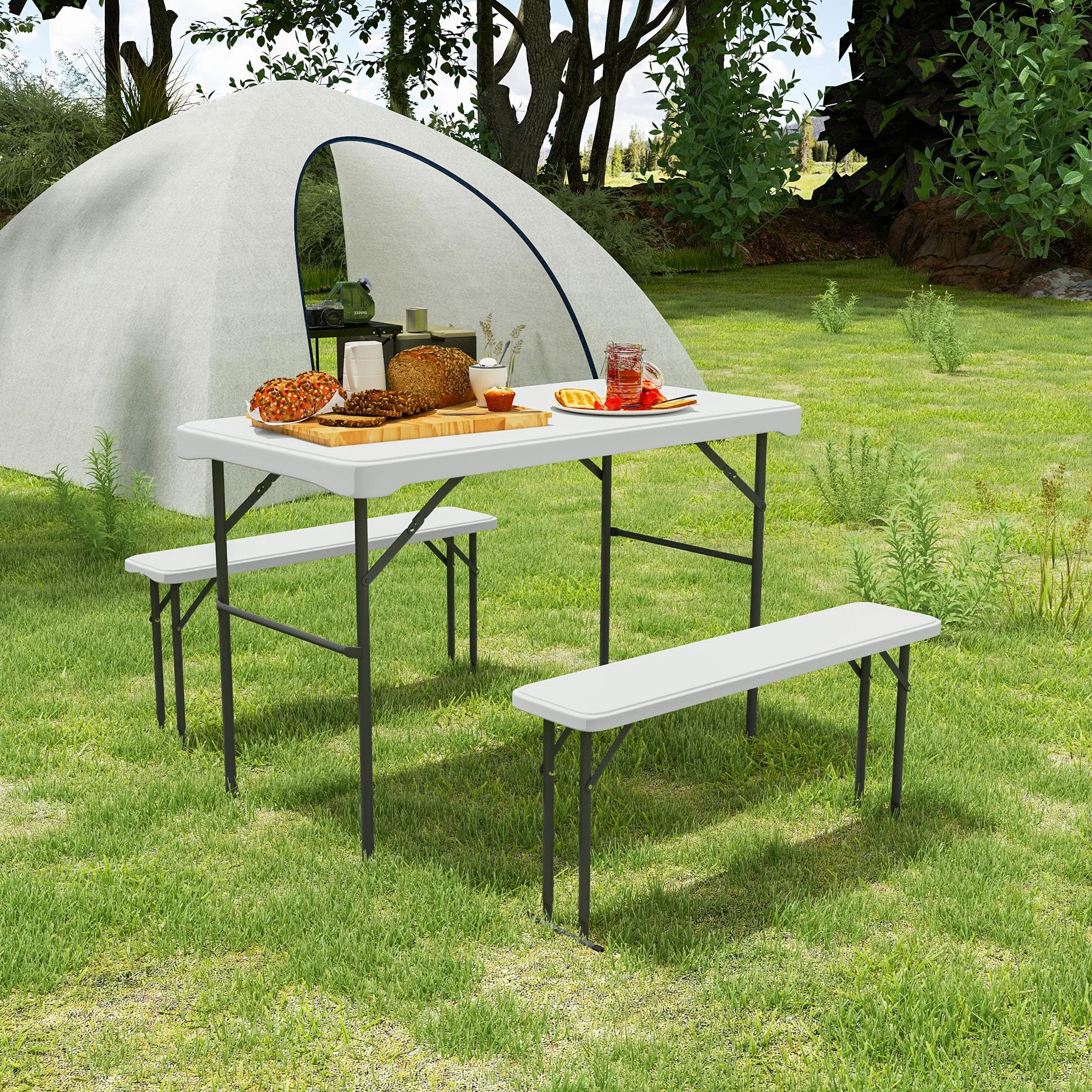 Outsunny Set tavolo pieghevole e panche da picnic 113 cm, grigio chiaro