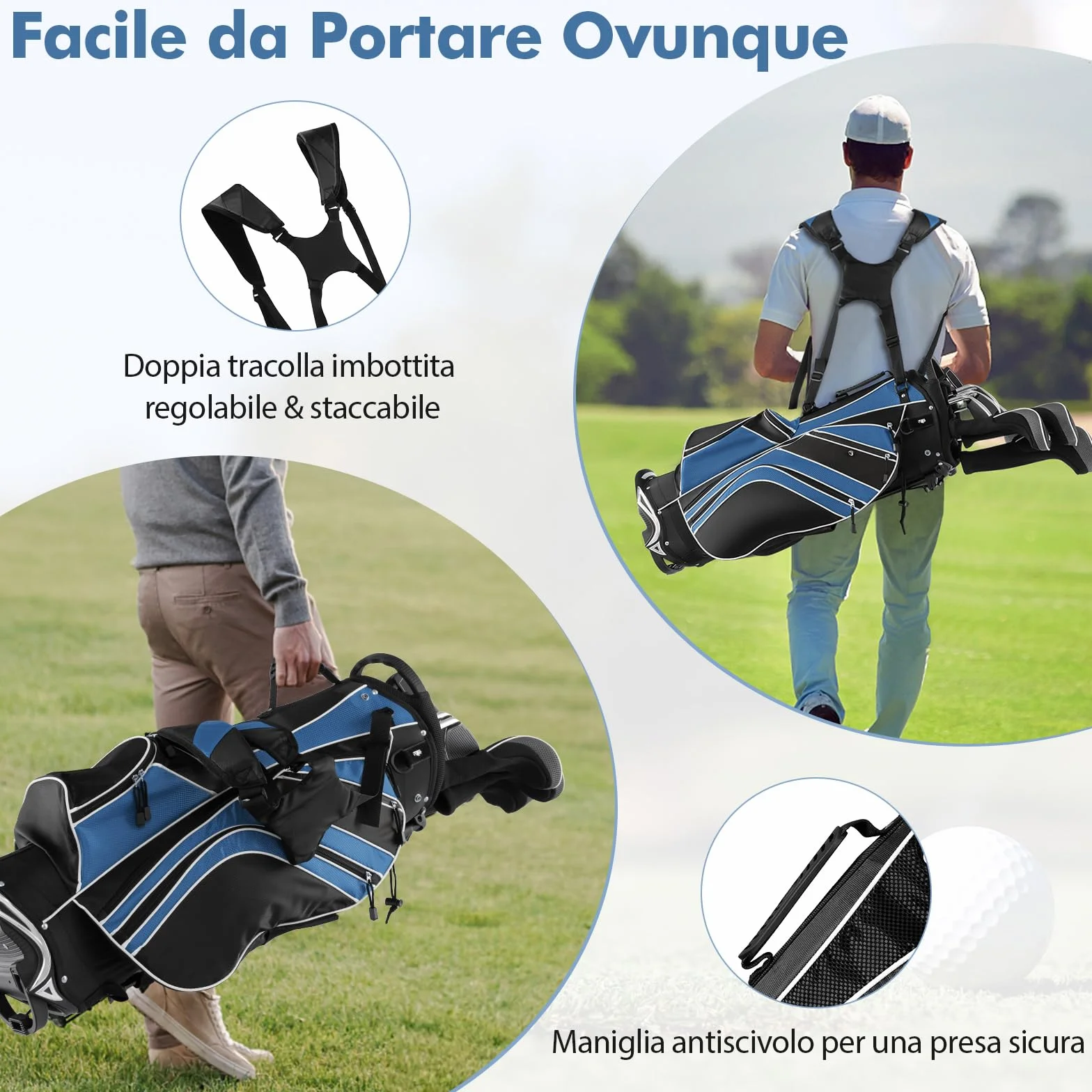 COSTWAY Borsa da Golf con Supporto, Sacca Mazze 6 Divisori, 7 Tasche Cerniera, Borsa Termica, Portaombrelli, Leggera Portatile Tracolla Blu