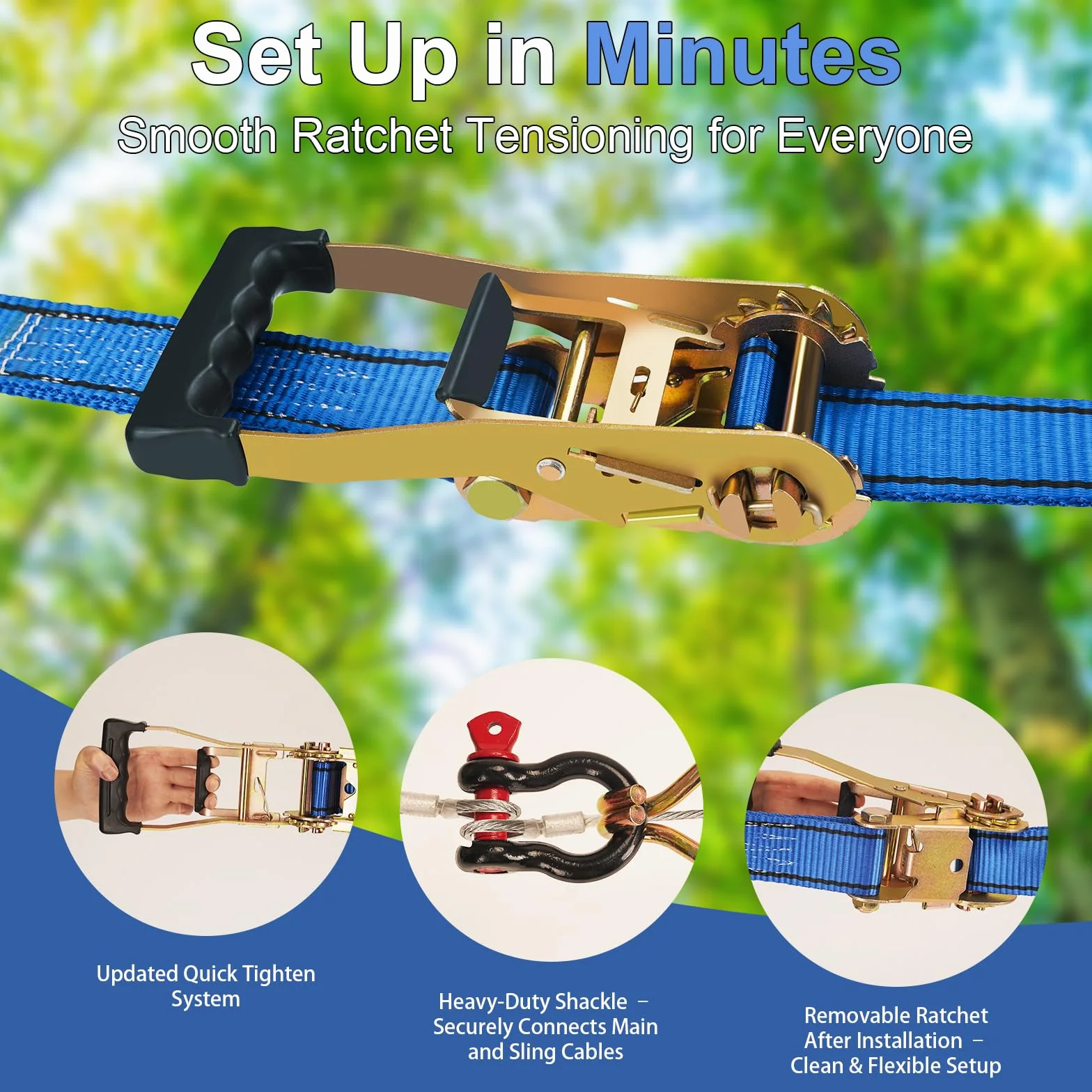 Kit Zip Line 48,8 m per bambini e adulti 172,4 kg - Carrello rimovibile con leone, freno a molla 2 m, protezioni per alberi