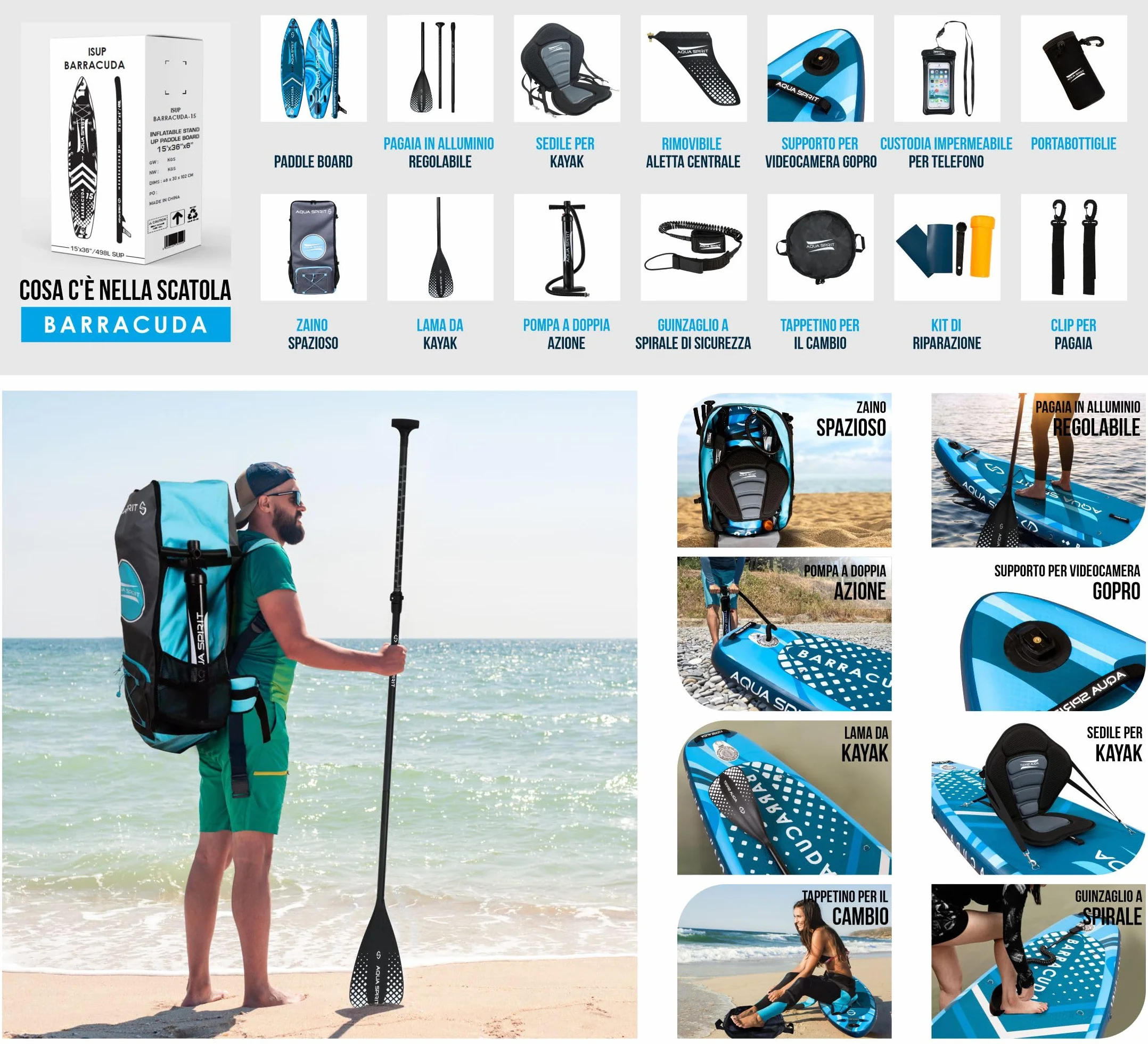 Aqua Spirit Tavola gonfiabile SUP paddle 3 m 10 m 3,8 m 4,5 m 45 cm kit convertibile SUP kayak pagaia zaino pompa