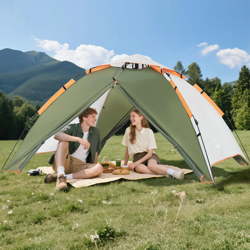 Tenda Campeggio 2-4 Persone Automatica Doppia Porta Anti UV Impermeabile 2 in 1 Interna Esterna
