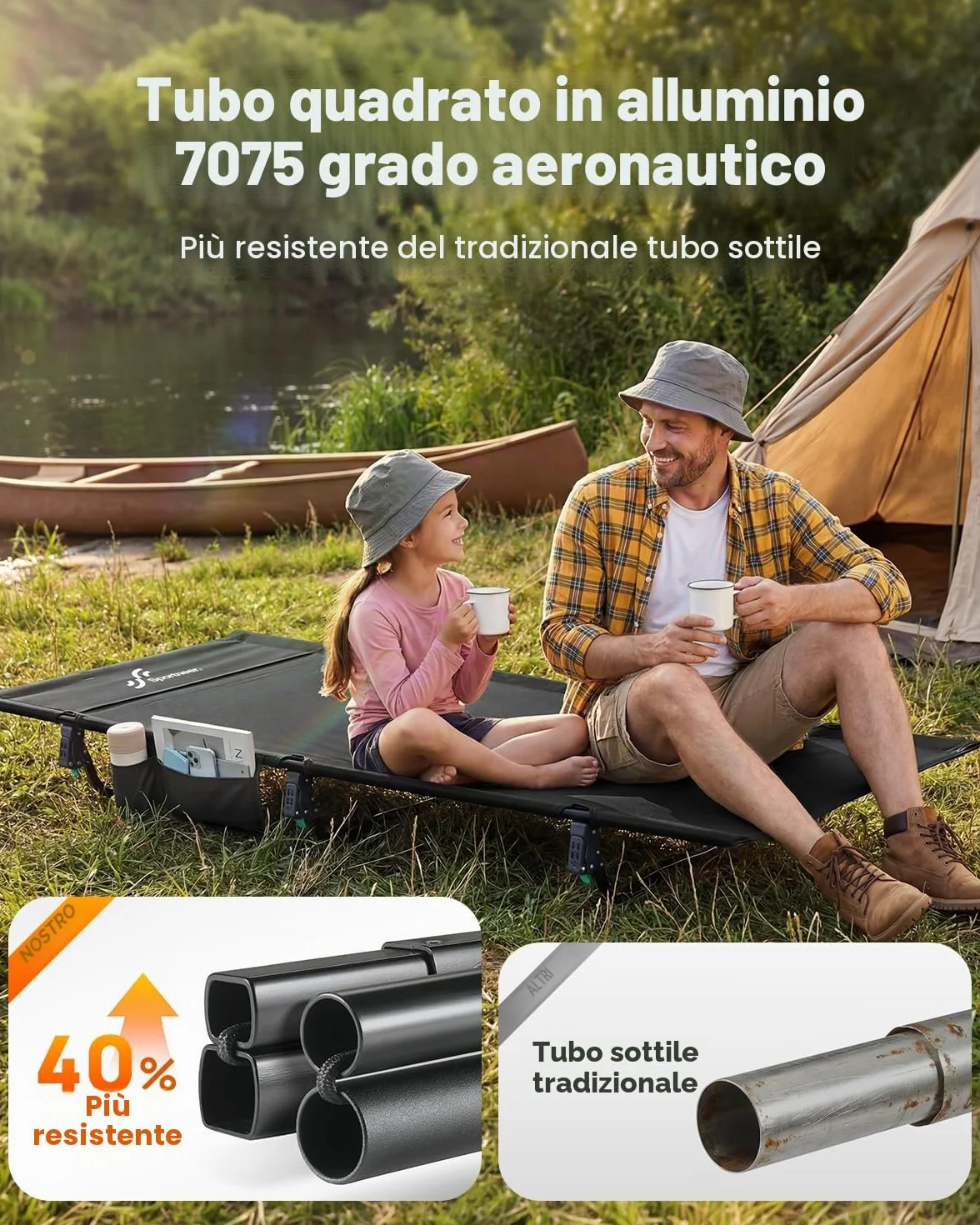 Sportneer Lettino da campeggio pieghevole 80 cm extra largo compatto con tasca laterale leggero
