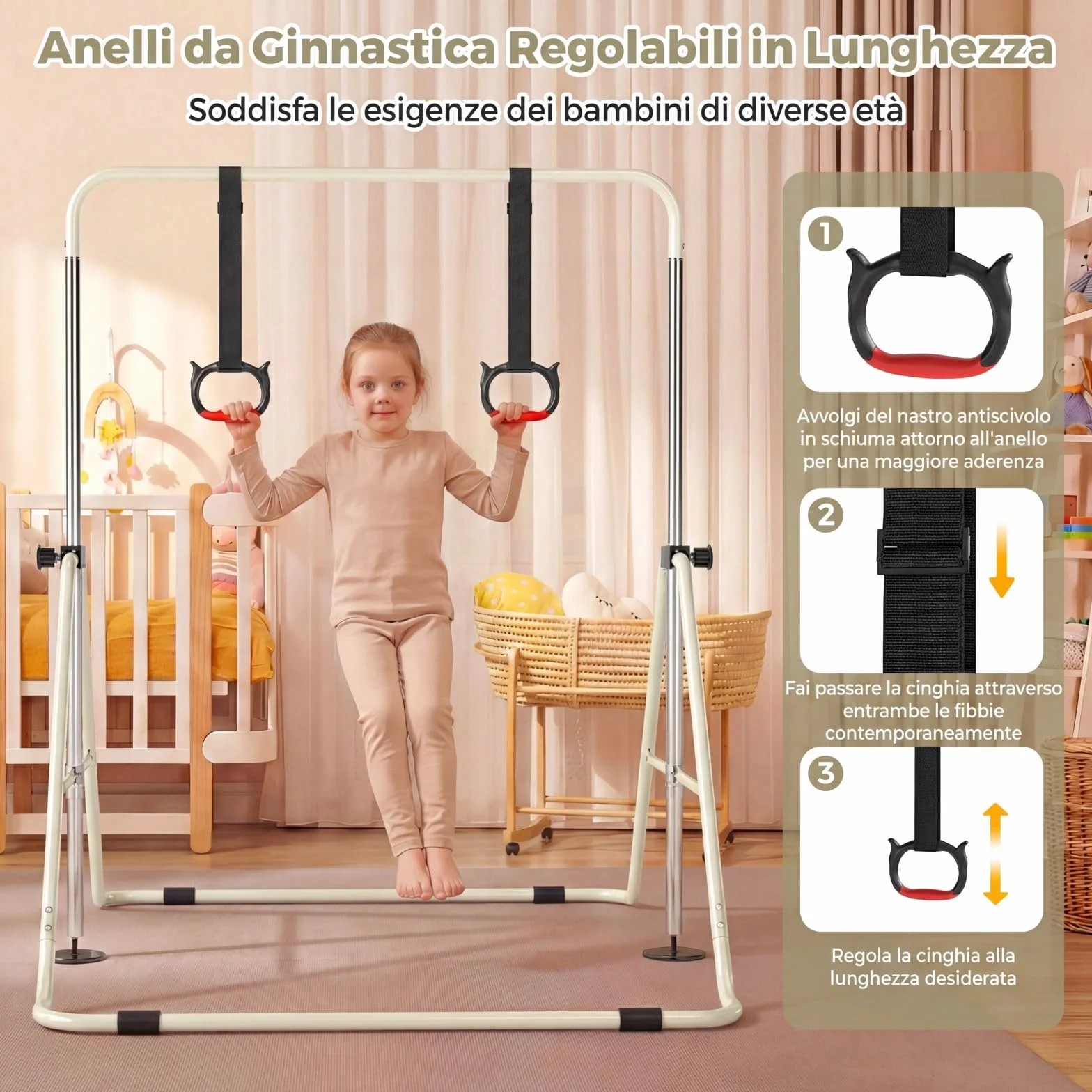 COSTWAY Sbarra Ginnastica Pieghevole per Bambini, Regolabile a 4 Livelli con Anelli e Cuscinetti Antiscivolo