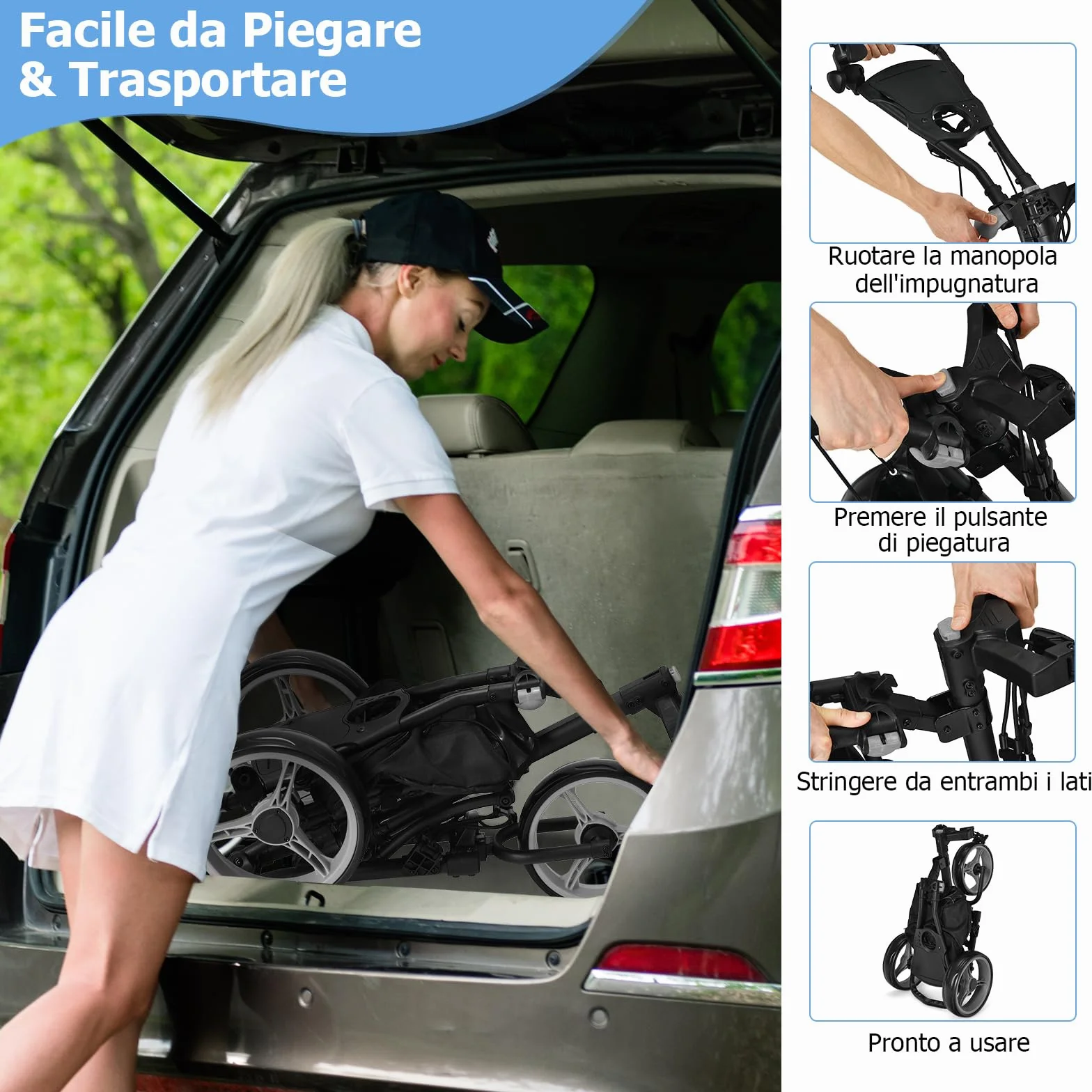 COSTWAY Pieghevole Carrello da Golf 3 Ruote Alluminio Cinghia Elastica Portaombrello Porta Bicchiere Segnapunti Freno a Pedale