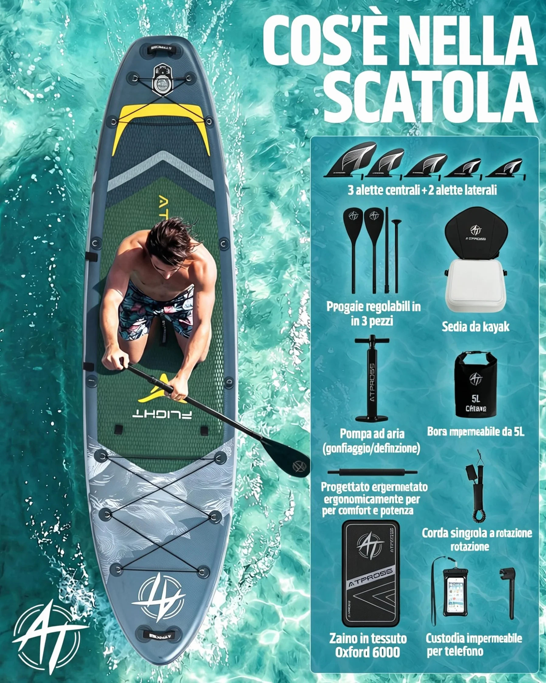 Tavola SUP Gonfiabile con Sedile Kayak e Accessori, 366x92cm Stand Up Paddle Extra Largo e Stabile, Portata 240kg, Canoa Gonfiabile 2 Posti per Yoga, Pesca e Surf