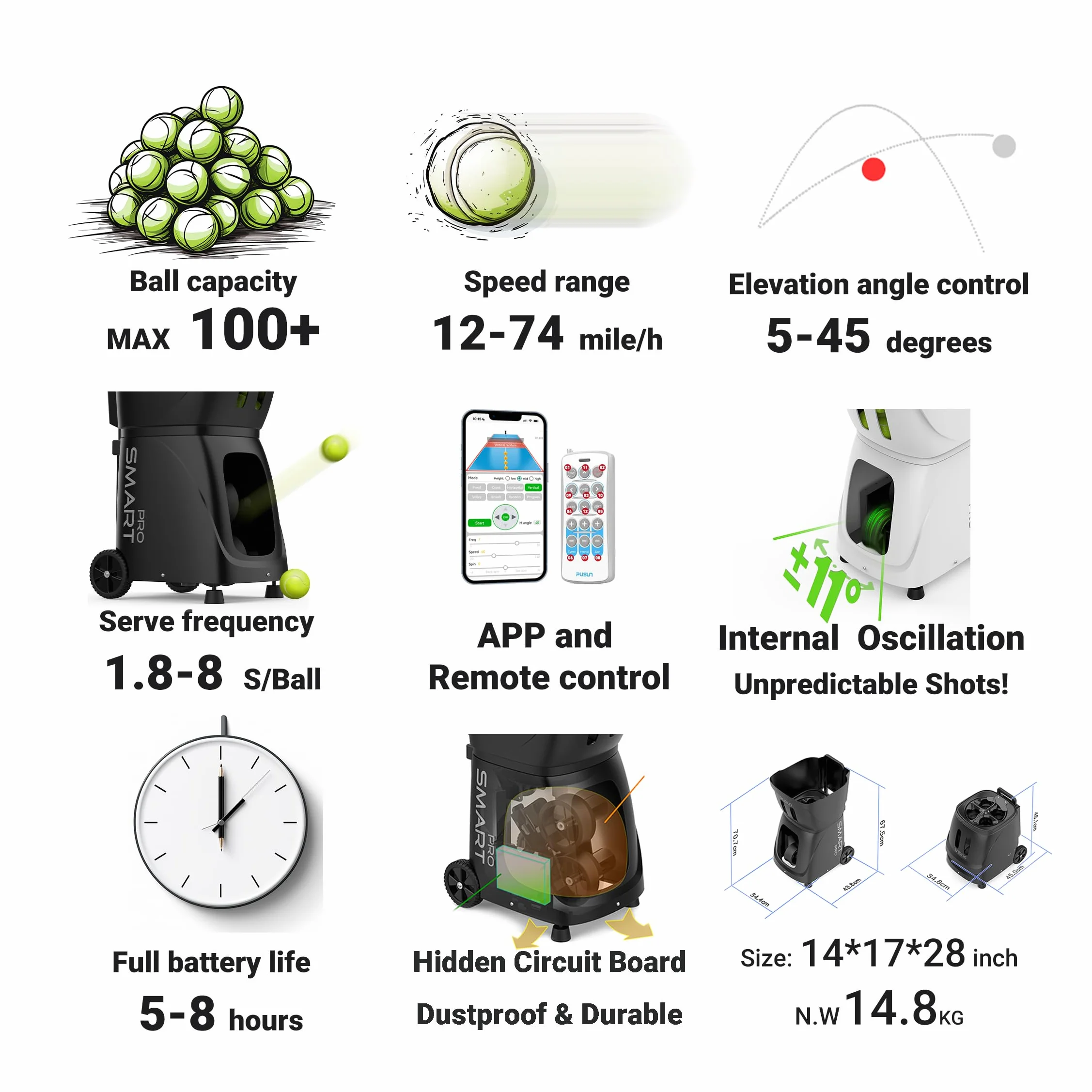 Macchina Lanciapalle PT-Smart PRO Tennis Padel Oscillazione Interna App Telecomando 100+ Palline 20–120 km/h