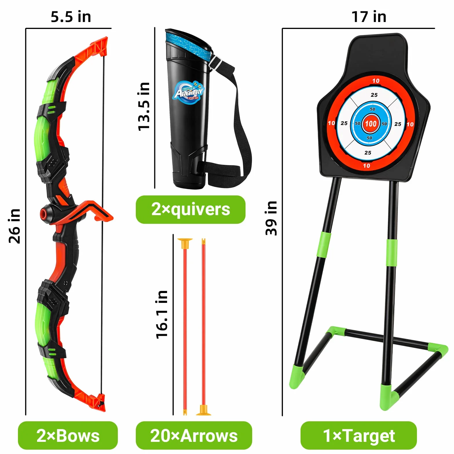 Set Tiro con l'Arco per Bambini con LED, 2 Archi, 20 Frecce, 1 Bersaglio, Giocattoli da Interno ed Esterno 6-10 Anni