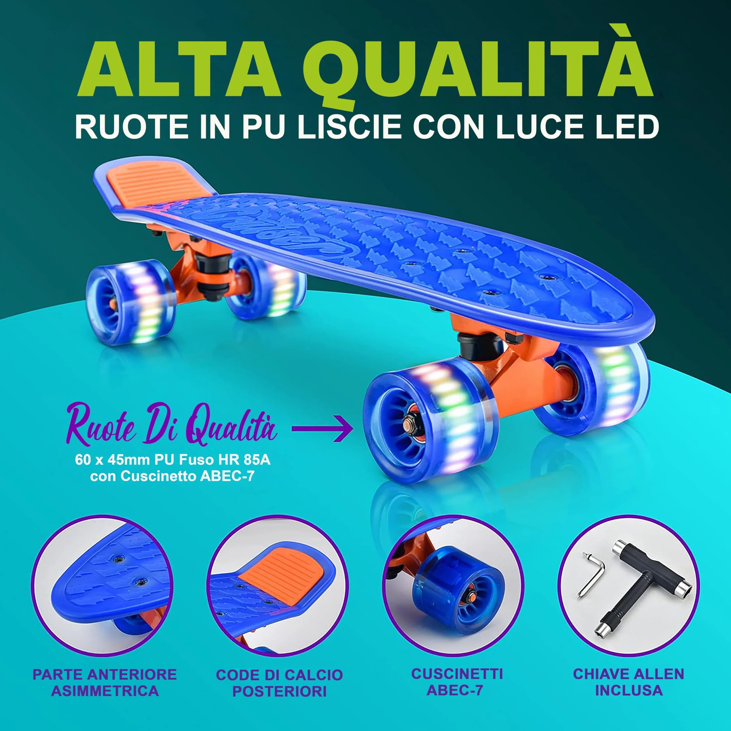 Hurtle Skateboard Mini Cruiser, Tavola PP 15,24 Centimetri, Doppio Kick, Truck in Alluminio 8,26 Centimetri, Ruote PU con LED, per Bambini da 5 Anni, Adolescenti e Adulti.