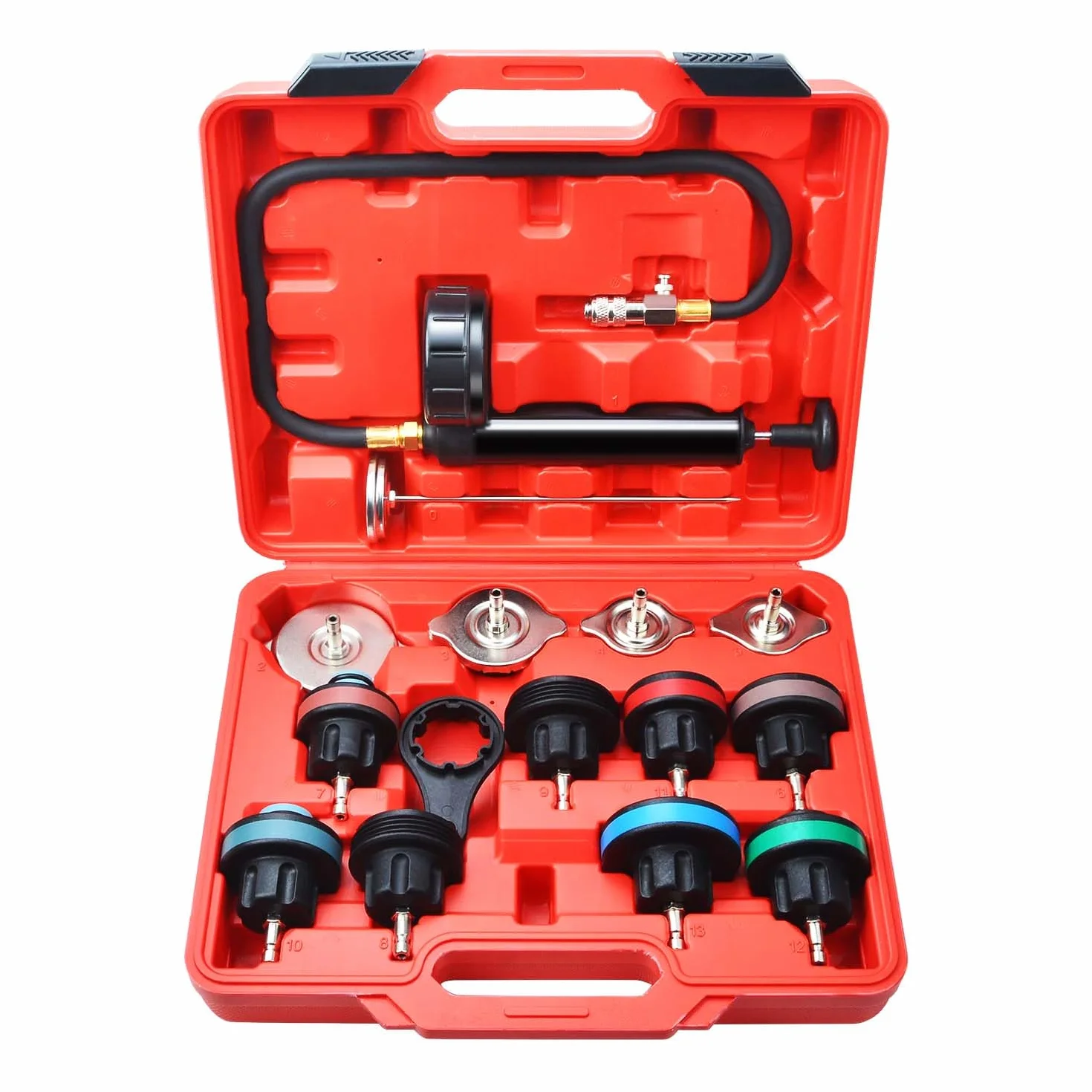 Kit Tester Pressione radiatore Sistema di Raffreddamento 15 Pezzi, Kit rilevatore perdite Serbatoio Acqua Sistema refrigerante