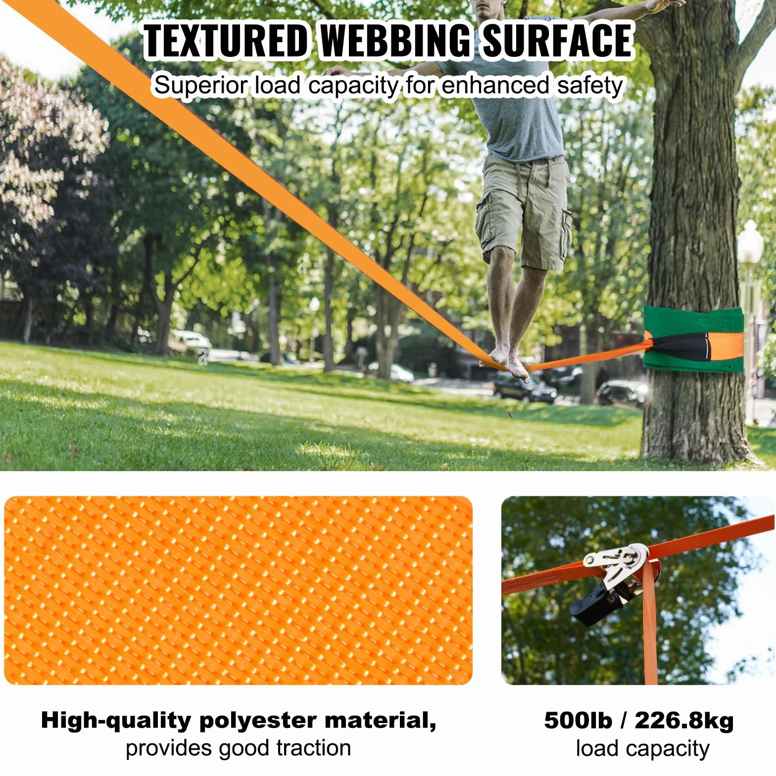 VEVOR Kit Slackline con Linea di Allenamento 18,3m x 5cm, Attrezzatura da Giardino, Set con Protezioni per Alberi