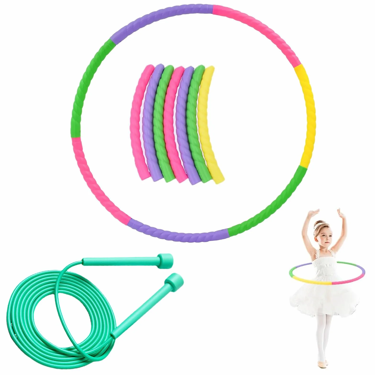 Hula Hoop Smontabile con Corda per Saltare, Kit Fitness 2 in 1 Regolabile per Bambini e Adulti