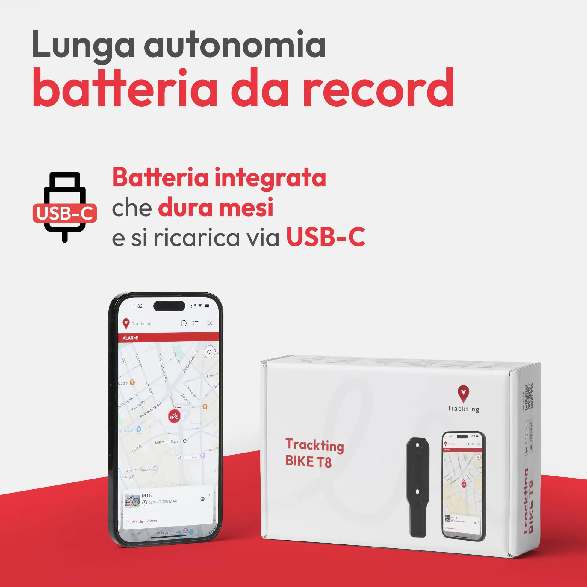 Tracker GPS Bici Antifurto T8 con Sensore di Movimento, Batteria Ricaricabile, Monitoraggio in Tempo Reale