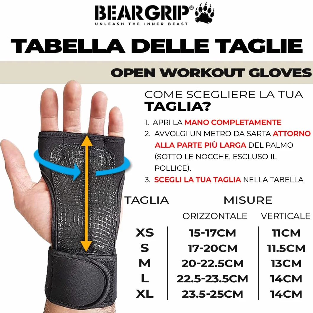 Bear Grip Guanti da allenamento aperti per CrossFit, bodybuilding, sollevamento pesi