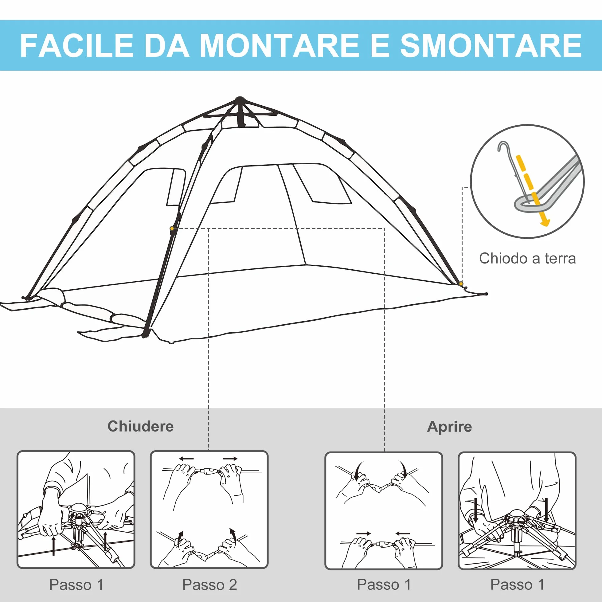 Outsunny Tenda da Spiaggia con Finestre Richiudibili e Porta a Cerniera, 220x173x120 cm