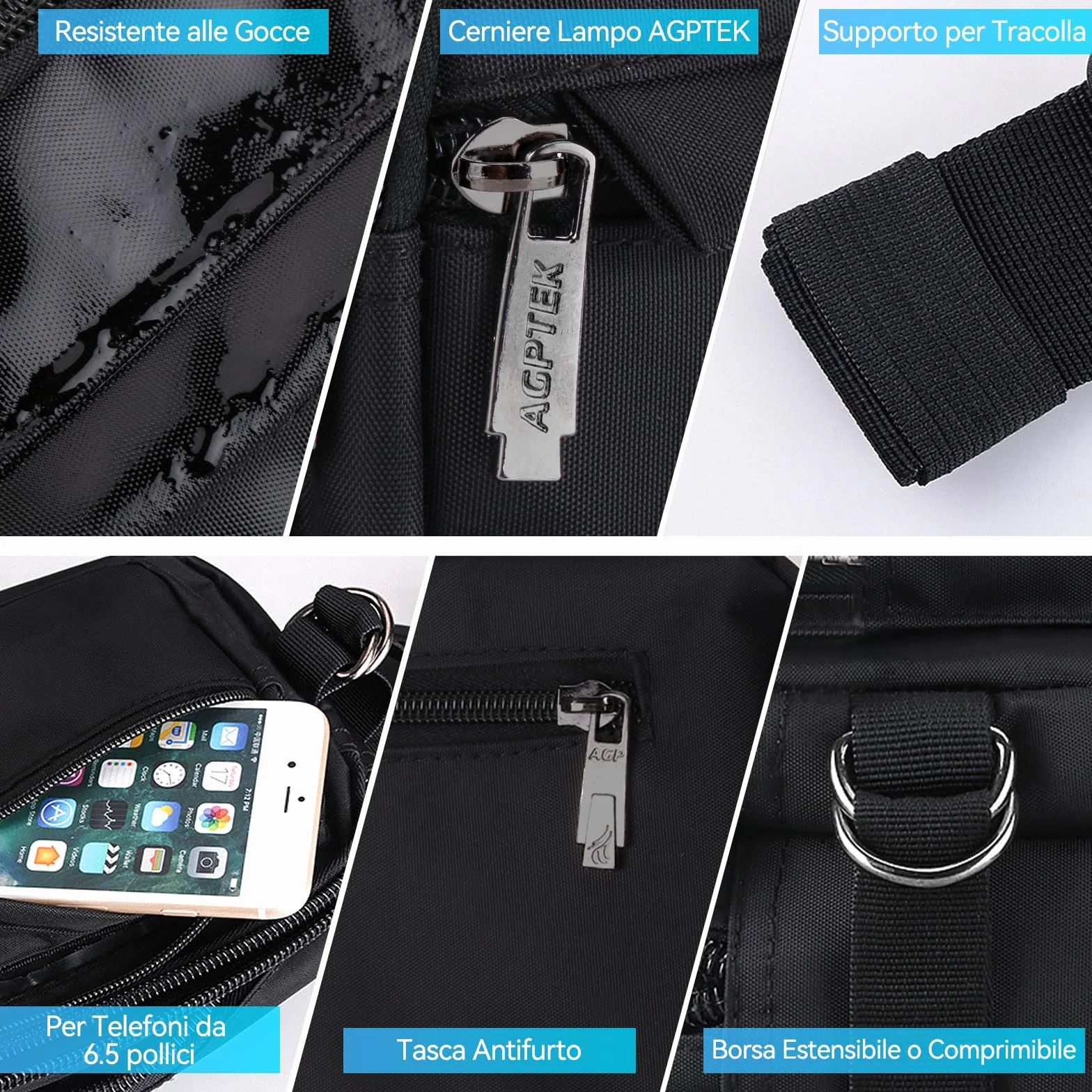 AGPTEK Marsupio Sportivo Uomo Donna 5 Tasche Lavoro Grande RFID Portasoldi Cintura Regolabile Corsa Campeggio Viaggio