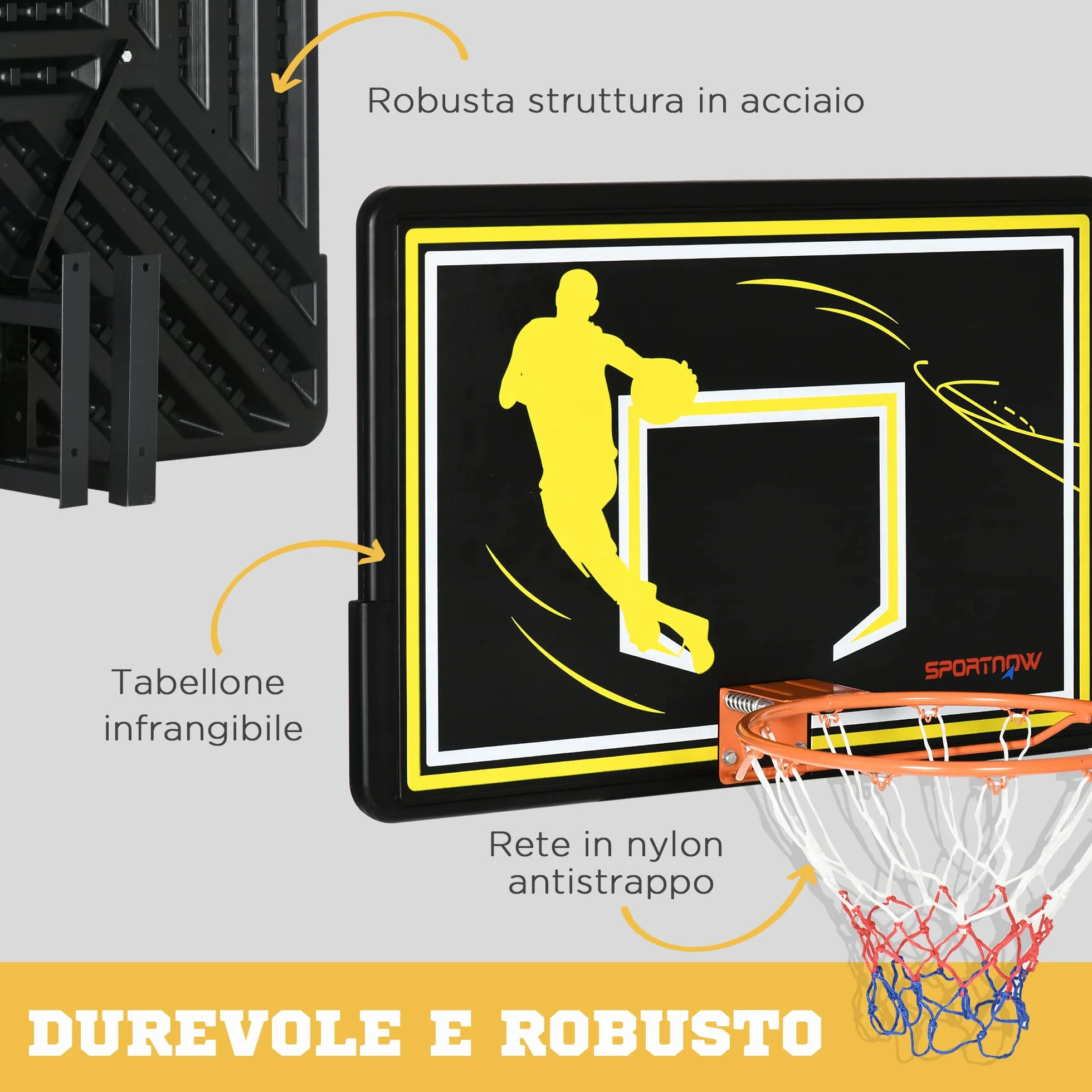 SPORTNOW Canestro Basket Indoor Outdoor Acciaio PE 110x90x70 cm Nero Giallo