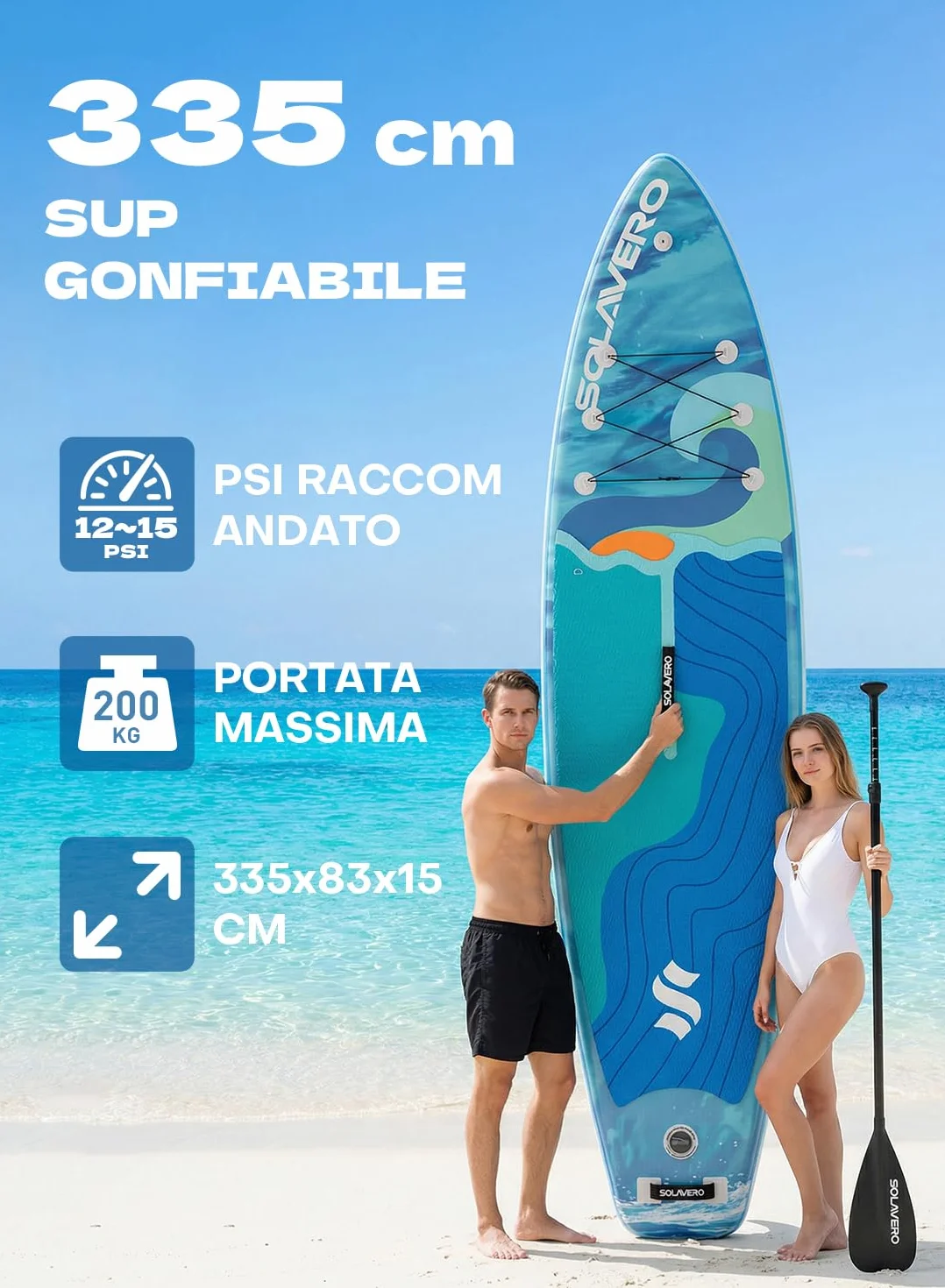 SOLAVERO Tavola da Sup Gonfiabile, 335 x 83 x 15 cm Tavola da Paddle con Antiscivolo EVA, Pagaia Regolabile, 3 Pinne, Surf Gonfiabile per Tutti i Livelli di Abilità, Fino a 200kg
