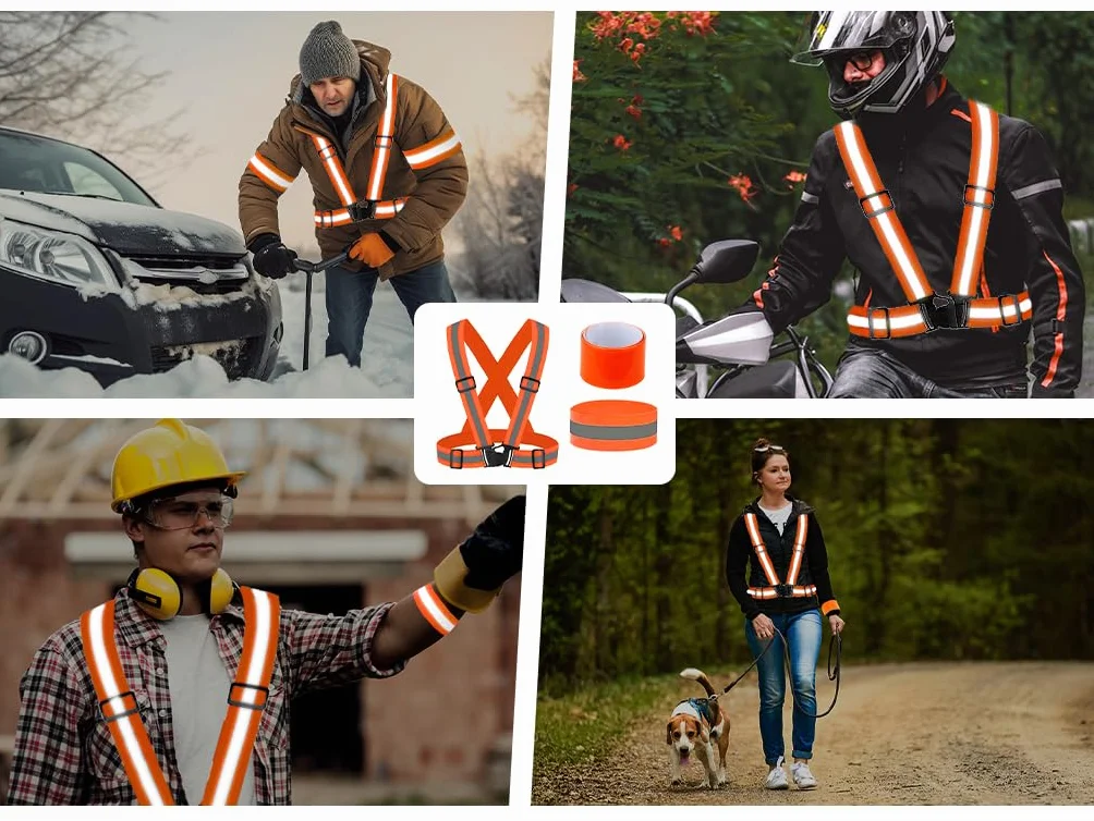 Gilet Catarifrangente ad Alta Visibilità 4 Pezzi con Braccialetti Riflettenti e Borsa, per Corsa Ciclismo