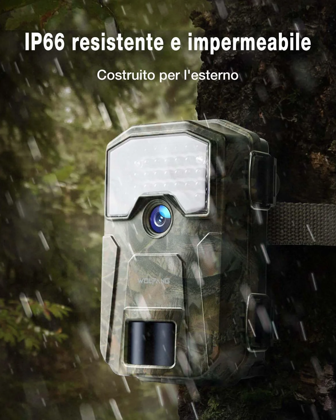 WOLFANG Fototrappola 4K 48MP HD Fotocamera Caccia 38 LED Infrarossi Invisibili 940nm IP66 Impermeabile Visione Notturna