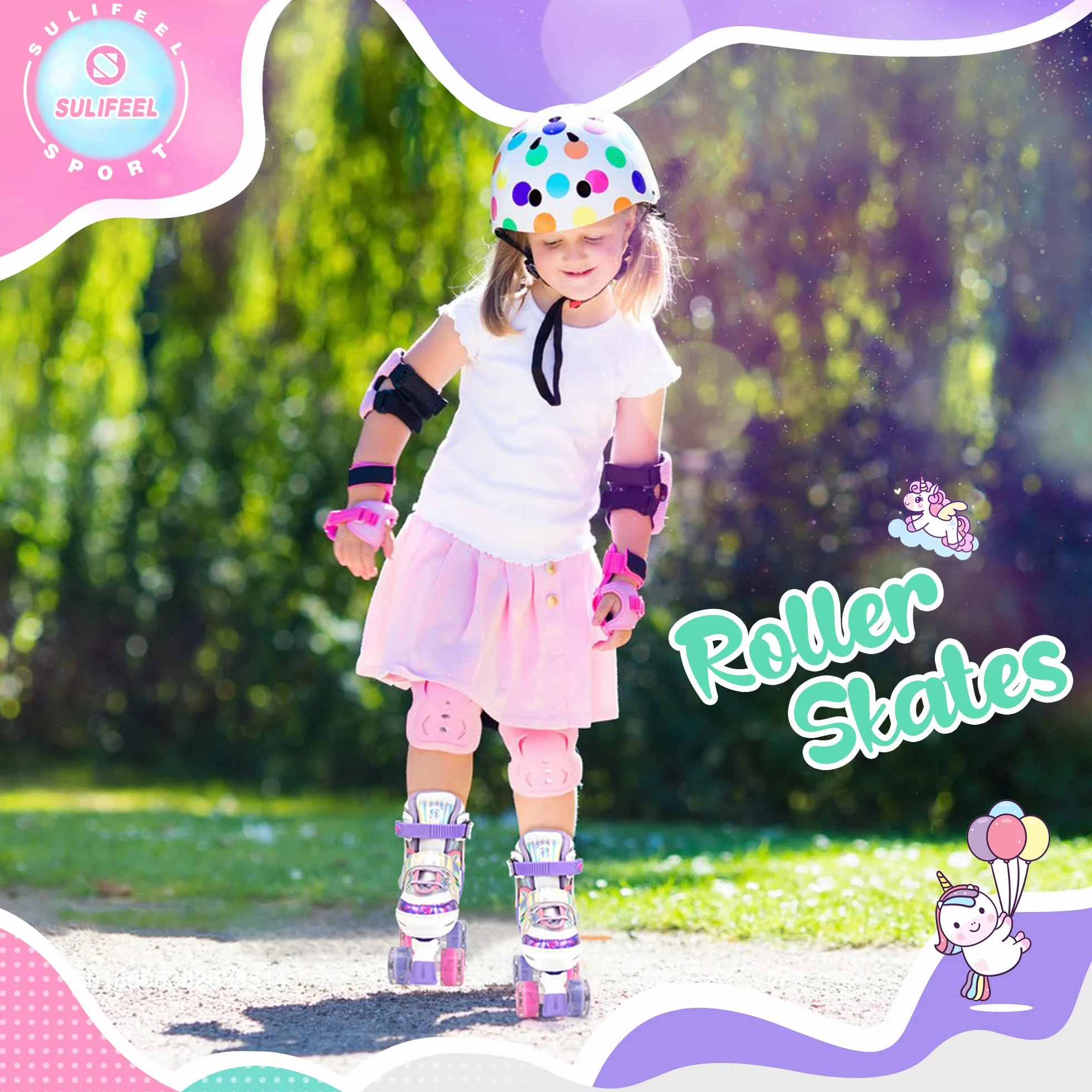 SULIFEEL Rainbow Unicorn Pattini a rotelle regolabili per bambini con ruote luminose per ragazze e ragazzi