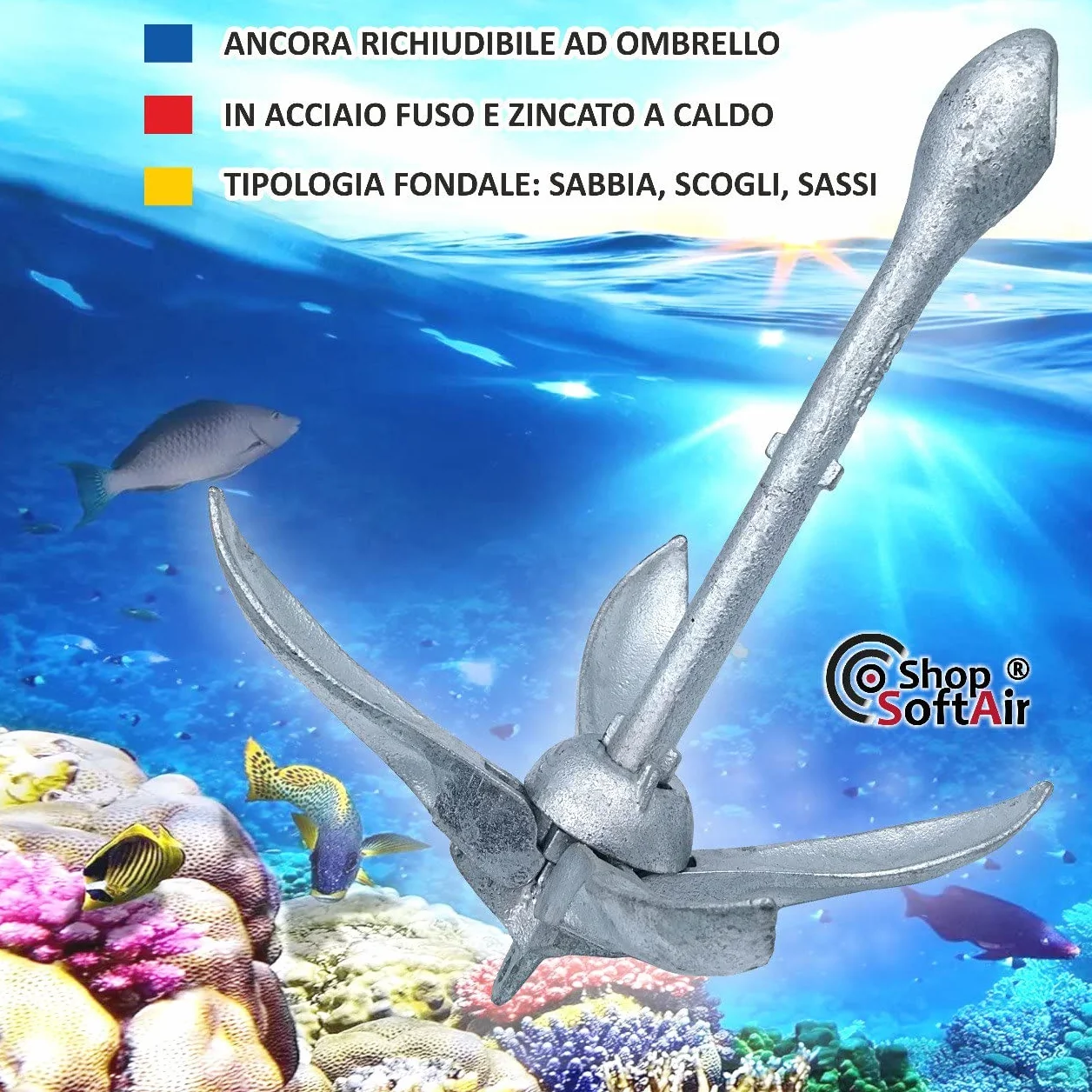 Kit Ancora a Ombrello Pieghevole in Acciaio Zincato e Cima Galleggiante 30 Metri Levilene Arancione Ormeggio e Moschettone in Acciaio Inox Aisi 316
